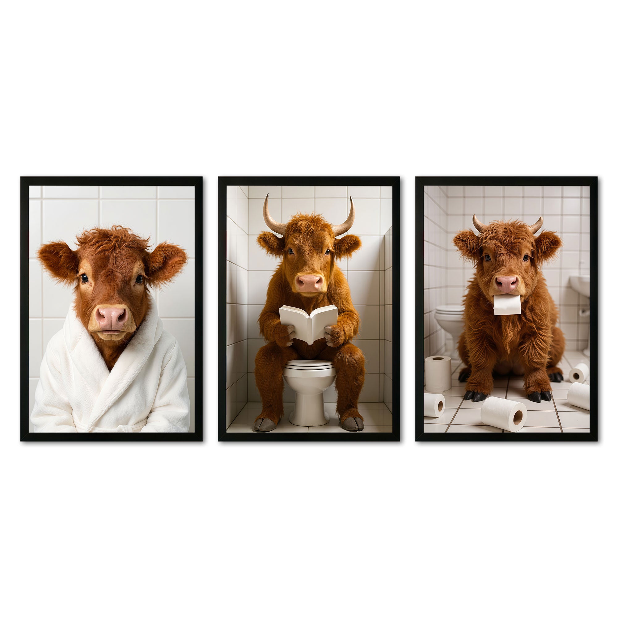 The Castle Decor Funny Highland Cow Bathroom Wall Art - 3 Piece Set (Bathrobe Cow, Toilet Reading Cow, Toilet Paper Cow) - Humorous Framed Prints
