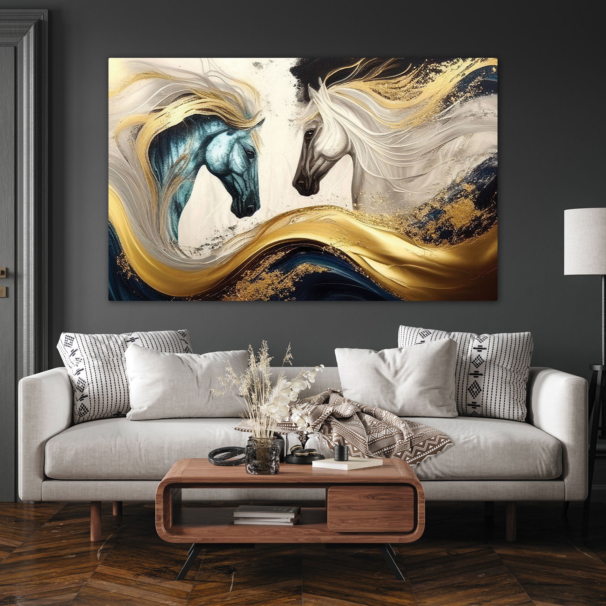Modern horses Canvas painting with frame Big Size Wall Art for living room,Bedroom,Drawing room,Hotels-Wooden FramedDigital Painting