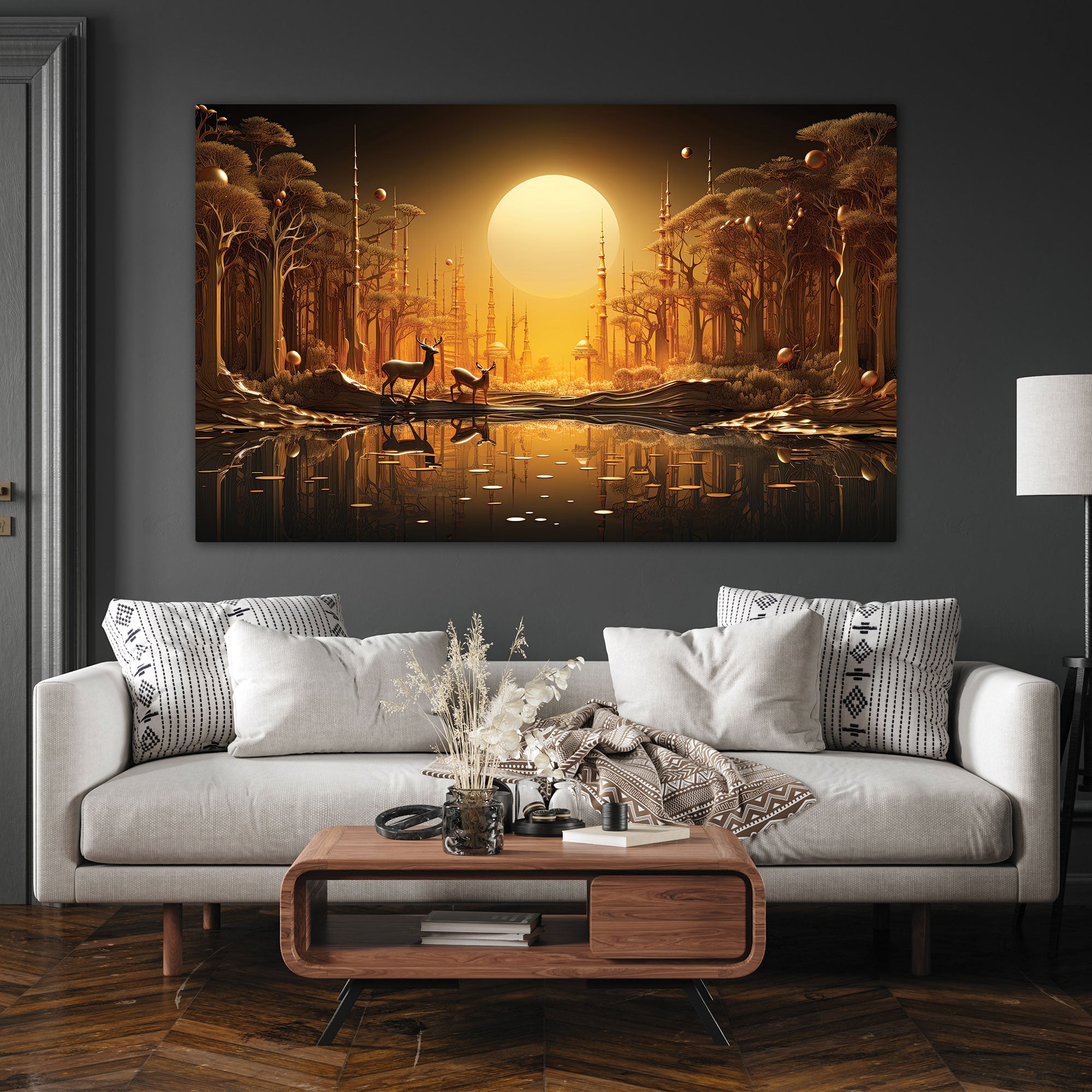 Golden deer Canvas painting with frame Big Size Wall Art for living room,Bedroom,Drawing room,Hotels