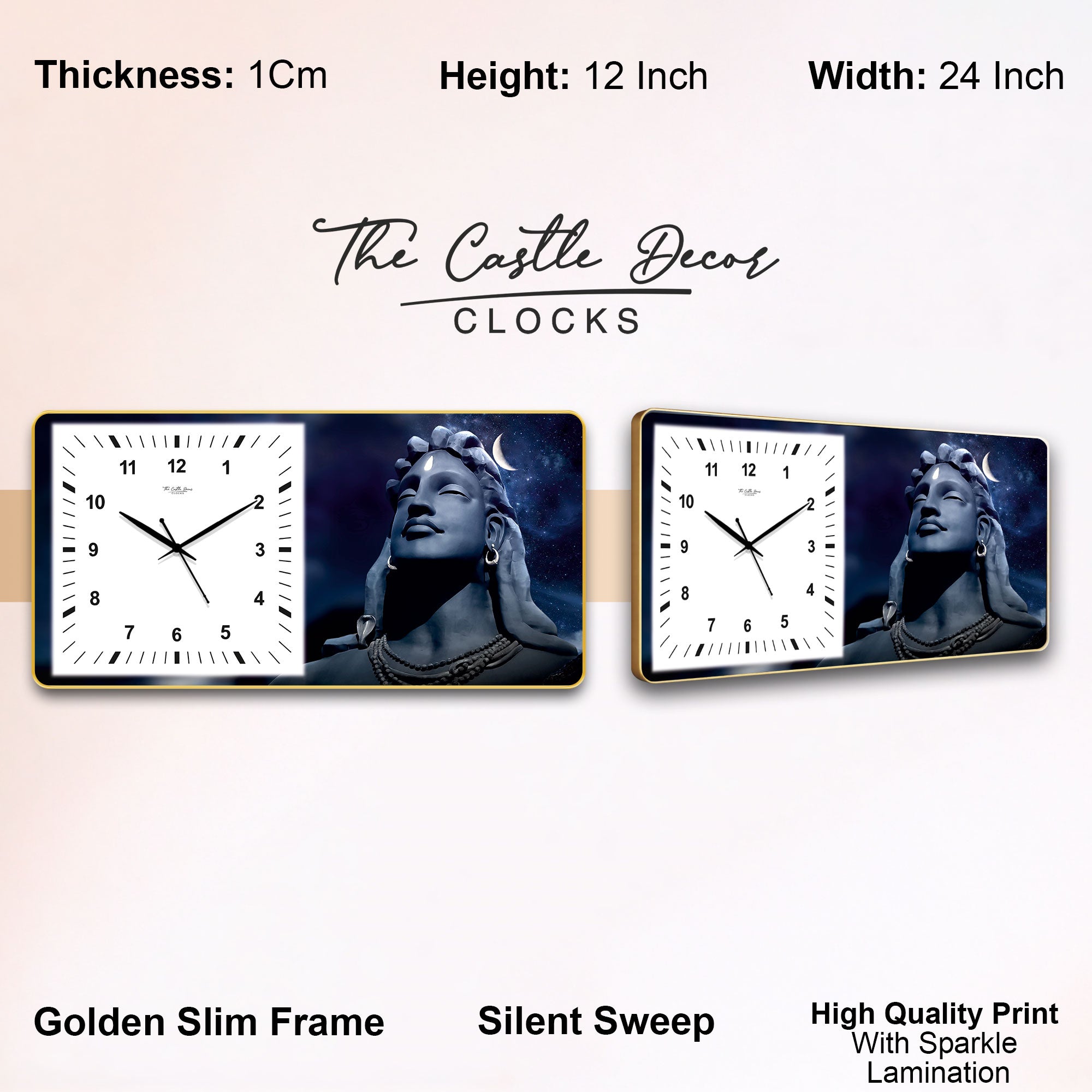 The Castle Decor Adiyogi Shiva Decorative Wall Clock 24x12 Inch, Silent Sweep Non-Ticking Modern Wall Clock with Golden Slim Frame