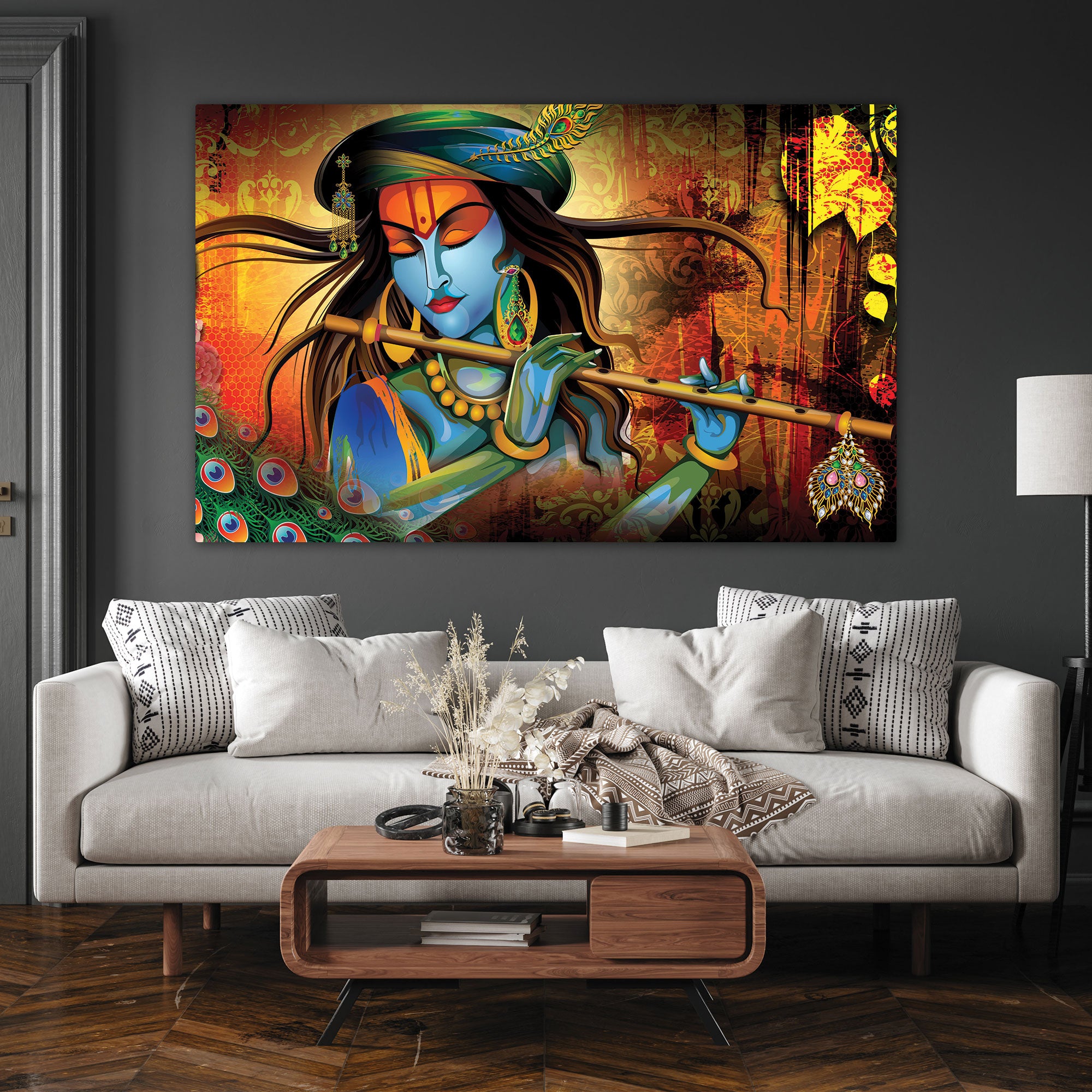Krishna art Canvas painting with frame Big Size Wall Art for living room,Bedroom,Drawing room,Hotels
