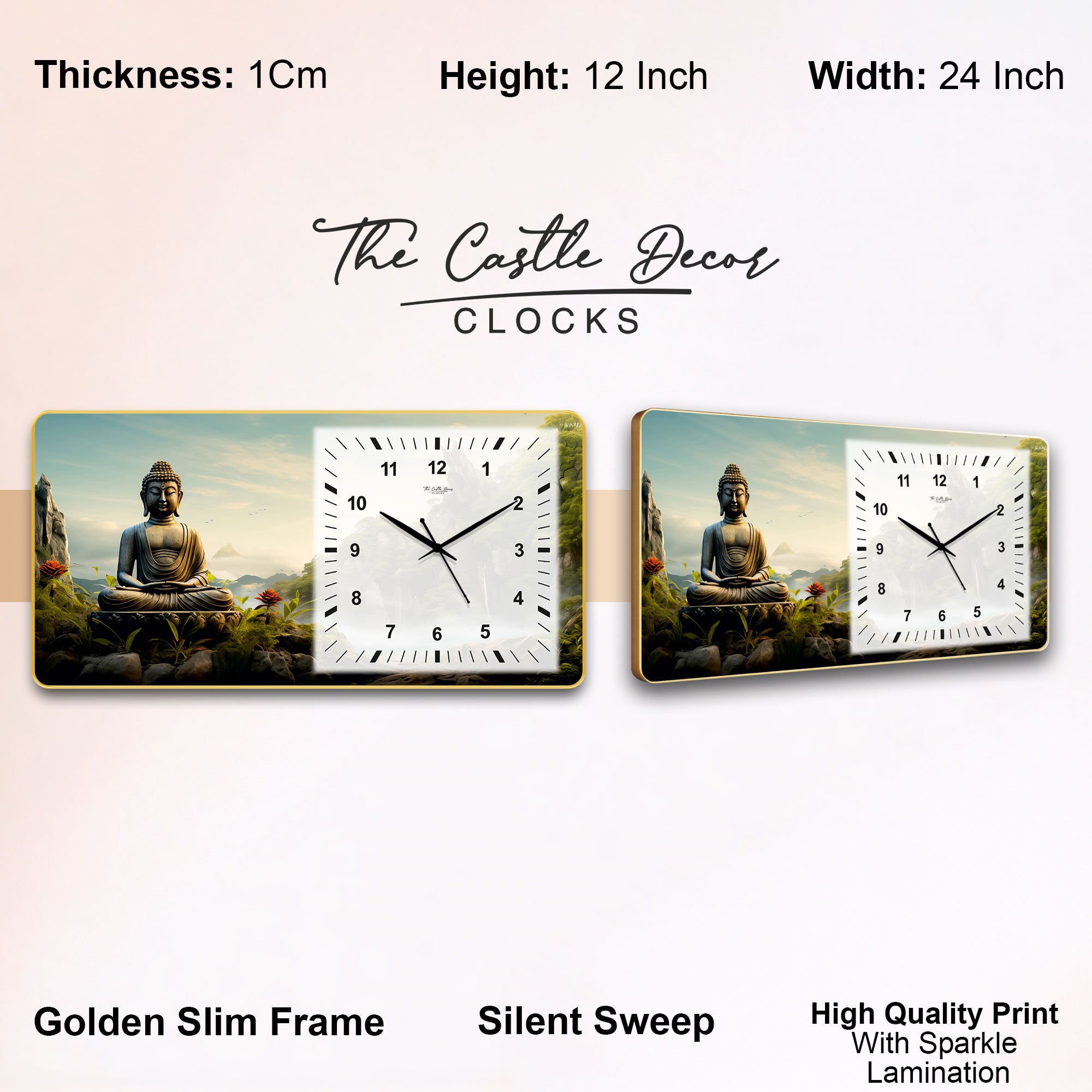 The Castle Decor Buddha Meditation Decorative Wall Clock 24x12 Inch, Silent Sweep Non-Ticking Modern Wall Clock with Golden Slim Frame