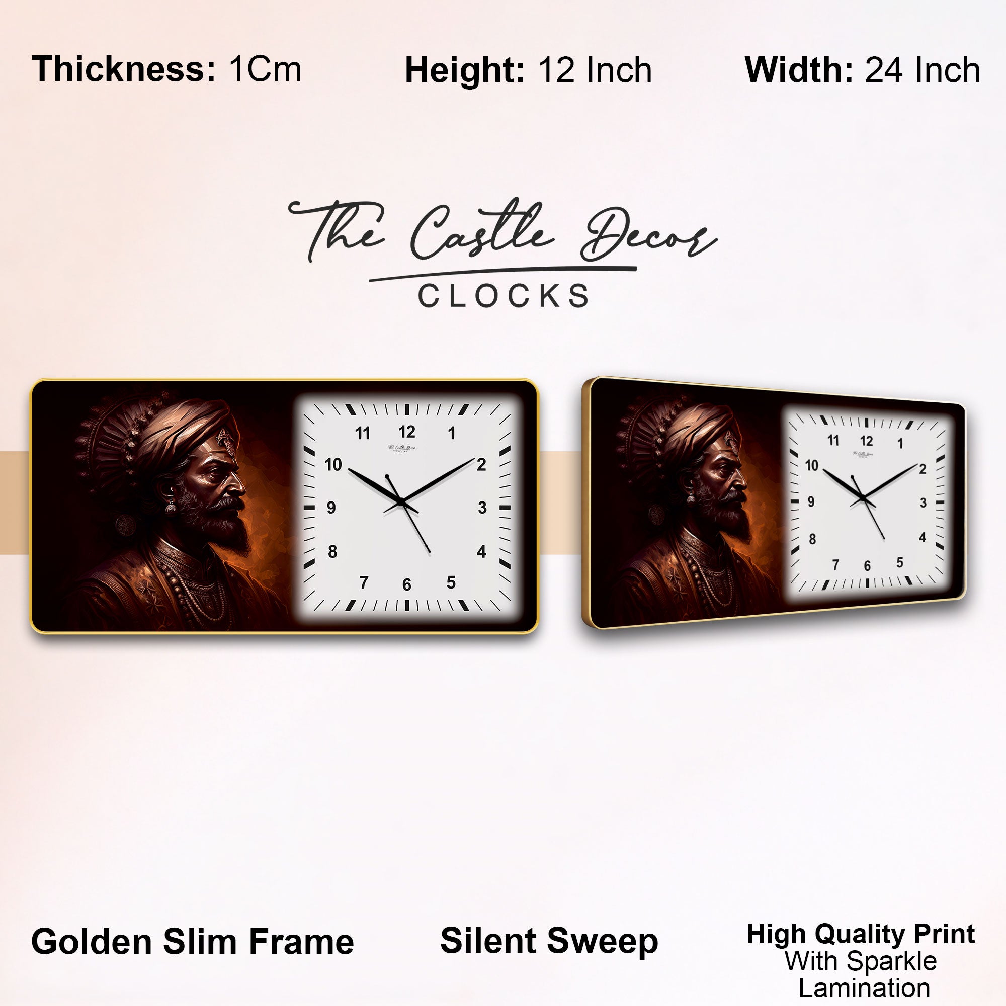 The Castle Decor Chhatrapati Shivaji Maharaj Decorative Wall Clock 24x12 Inch, Silent Sweep Non-Ticking Modern Wall Clock with Golden Slim Frame