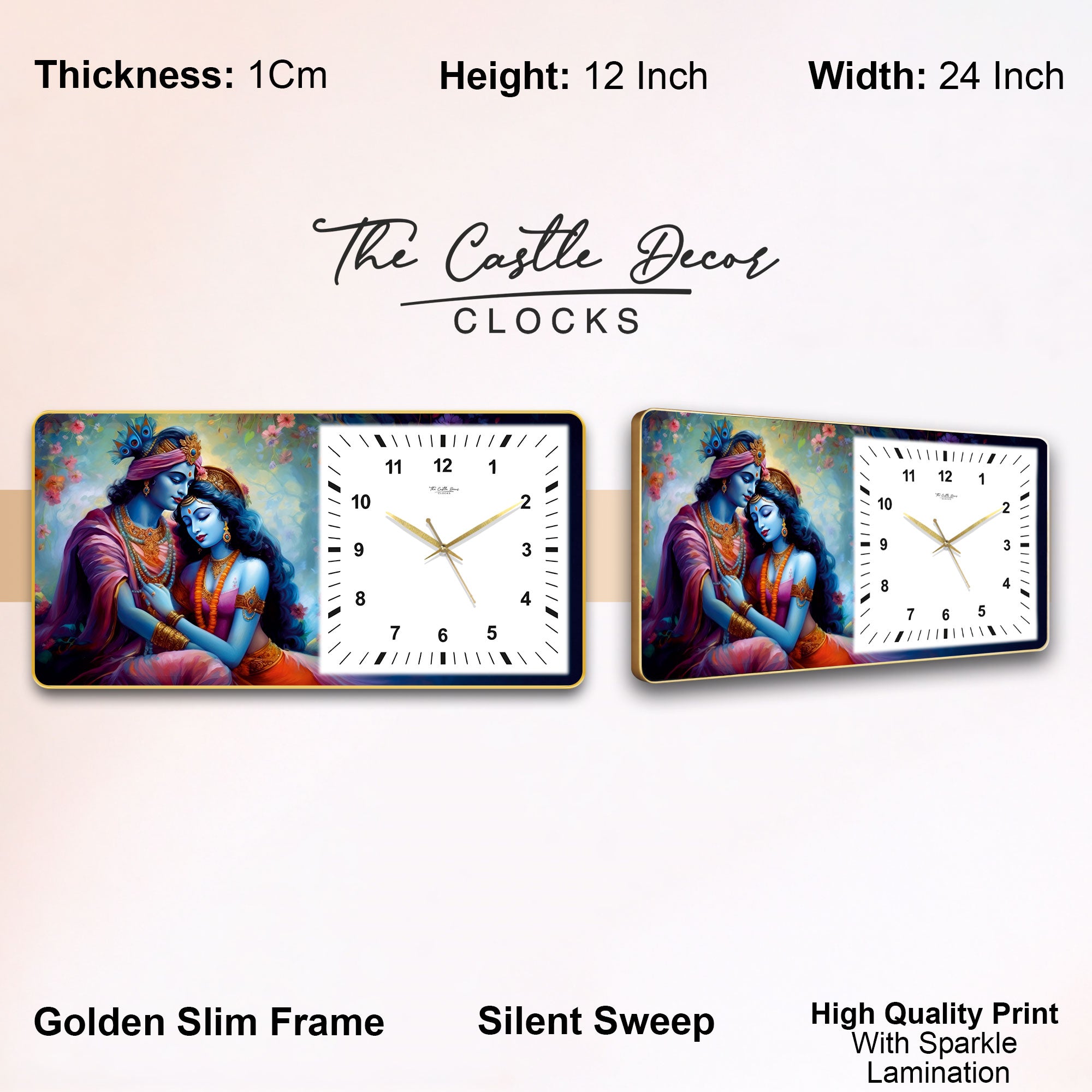 The Castle Decor Radha Krishna Decorative Wall Clock 24x12 Inch, Silent Sweep Non-Ticking Modern Wall Clock with Golden Slim Frame