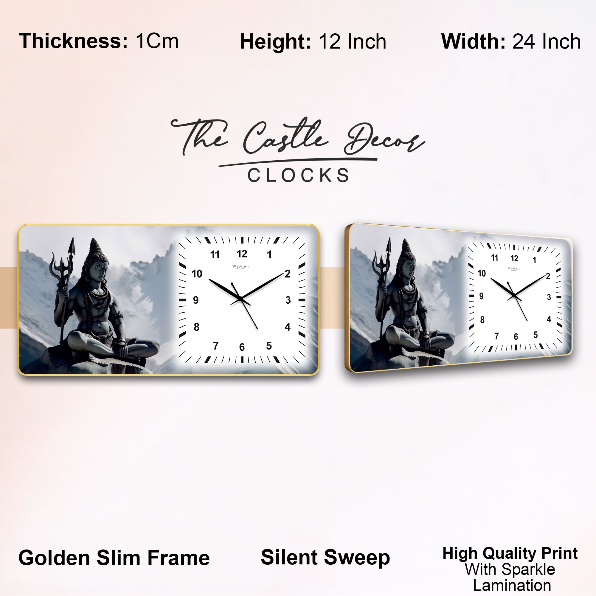 The Castle Decor Lord Shiva Meditation Decorative Wall Clock 24x12 Inch, Silent Sweep Non-Ticking Modern Wall Clock with Golden Slim Frame