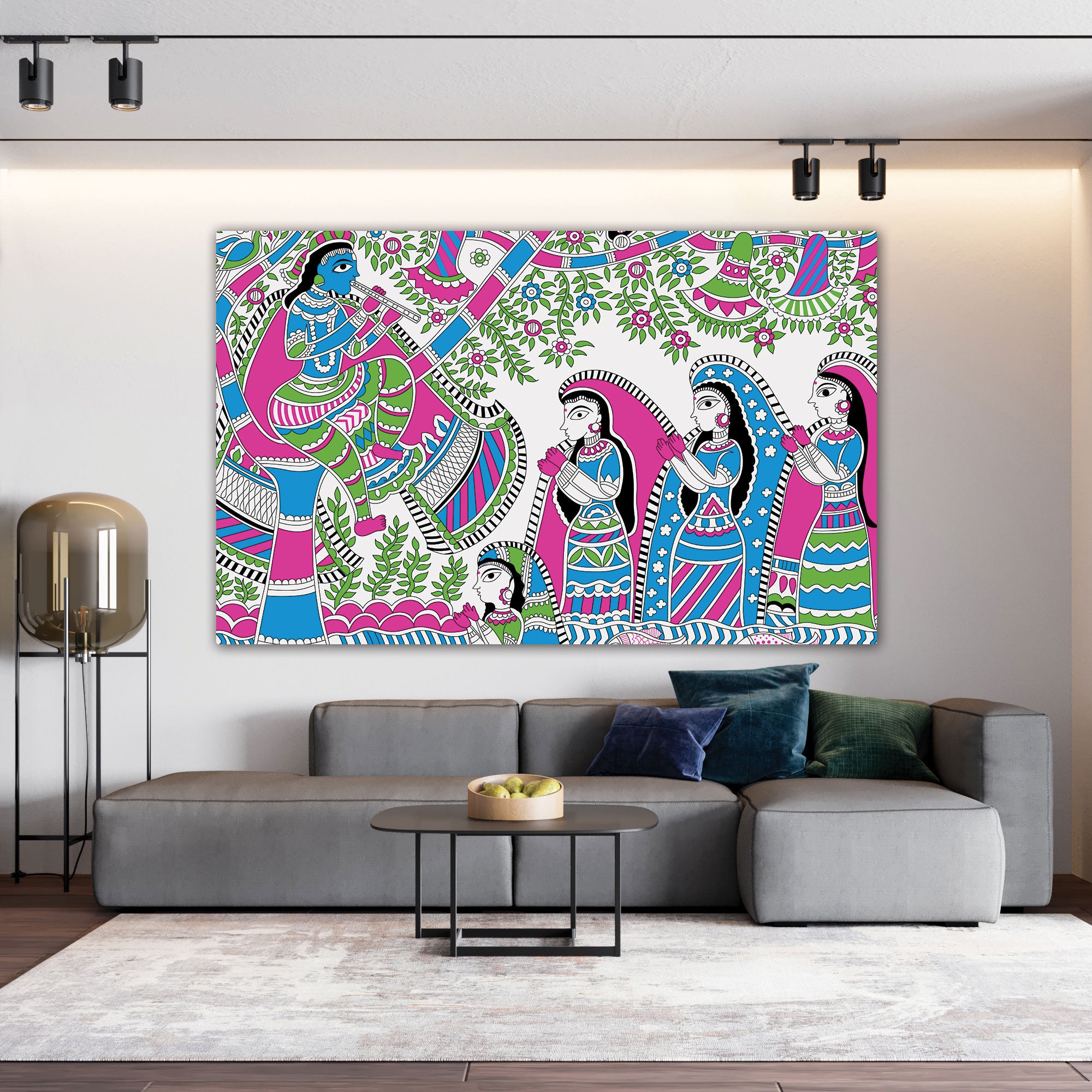 Vintage madhubani Canvas painting with frame Big Size Wall Art for living room,Bedroom,Drawing room,Hotels