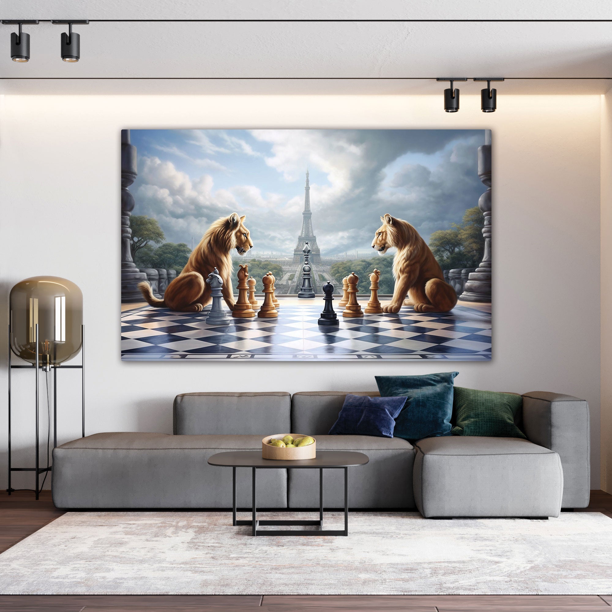 Lions play game chess Canvas painting with frame Big Size Wall Art for living room,Bedroom,Drawing room,Hotels