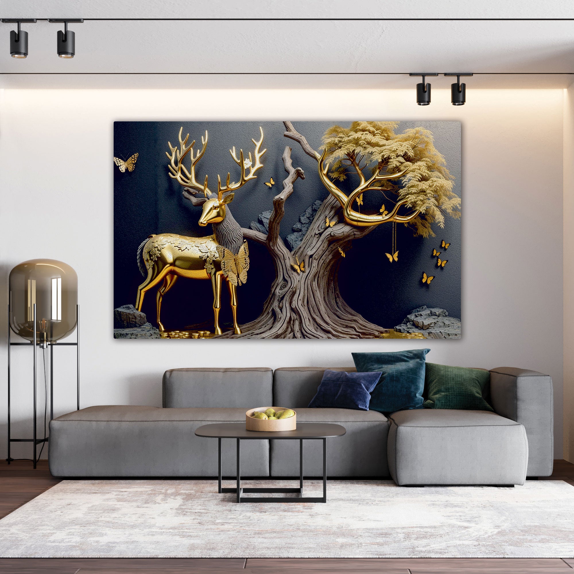 Golden deer vaastu Canvas painting with frame Big Size Wall Art for living room,Bedroom,Drawing room,Hotels