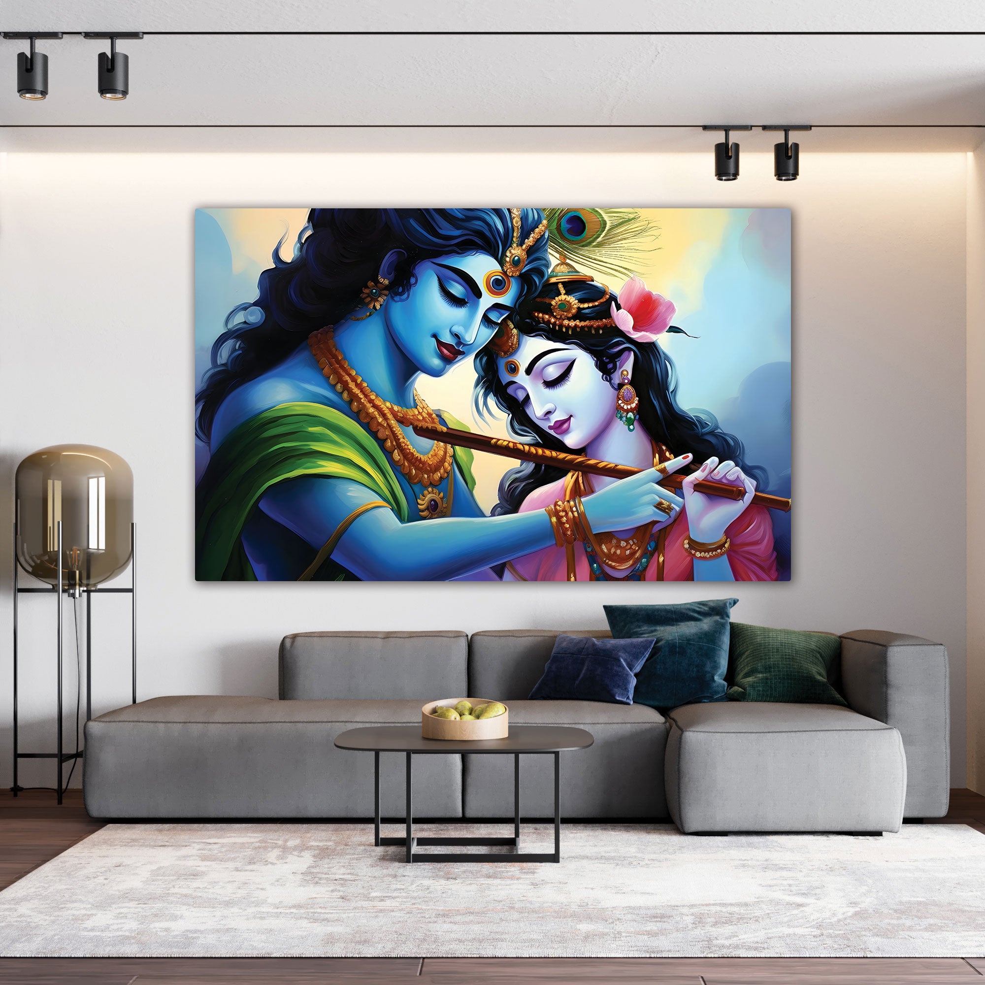 The Castle Decor radha krishna flute canvas/Sparkle painting with frame Big Size Wall Art for living room,Bedroom,Drawing room,Hotels-Wooden Framed-Digital Painting