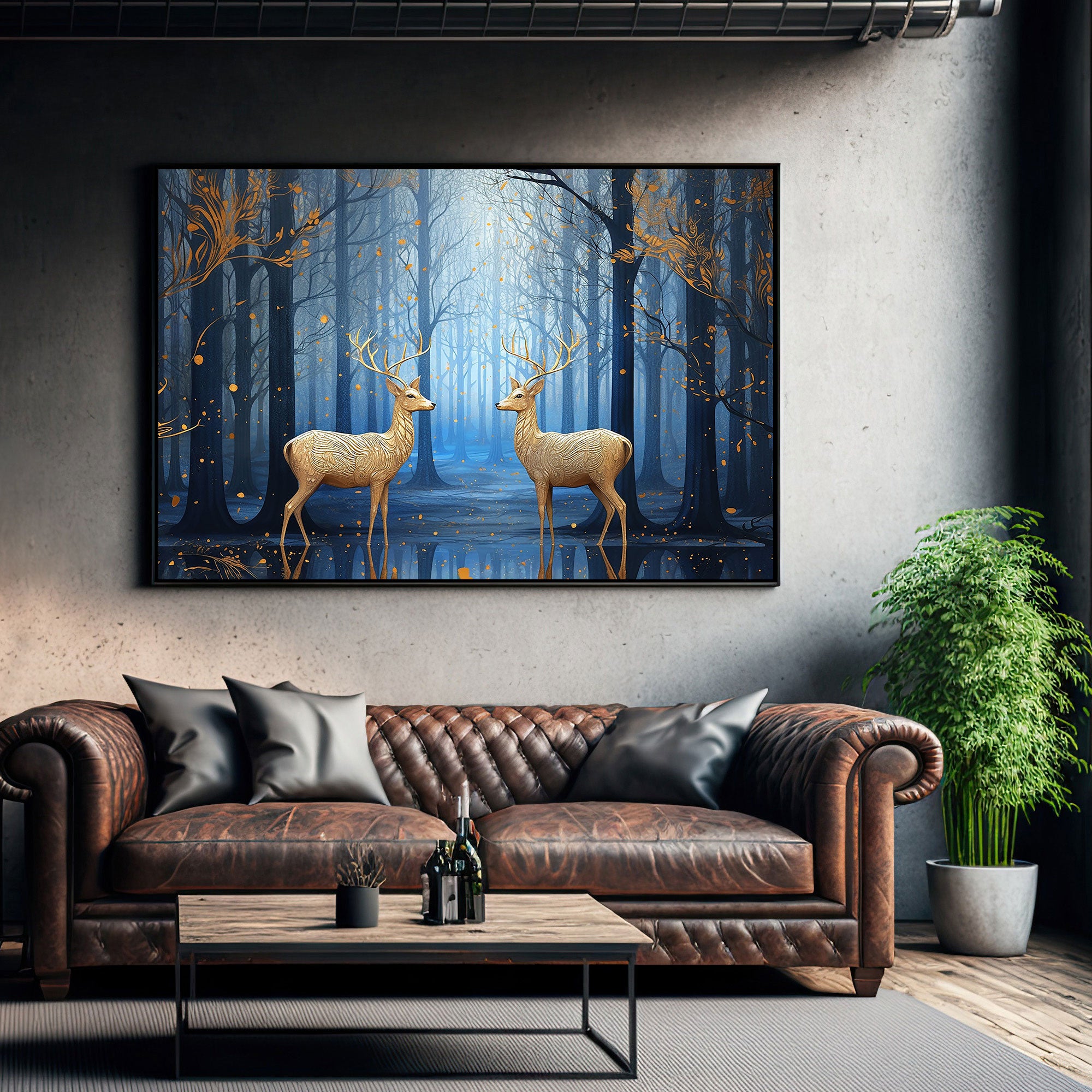 Golden deers Canvas painting with frame Big Size Wall Art for living room,Bedroom,Drawing room,Hotels