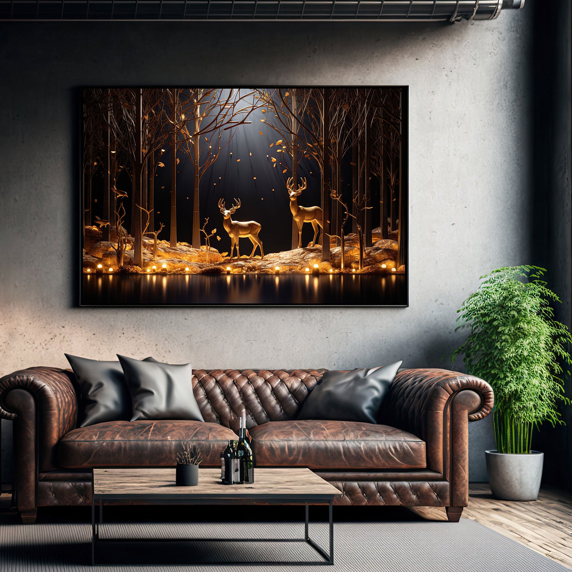 Golden deer Canvas painting with frame Big Size Wall Art for living room,Bedroom,Drawing room,Hotels