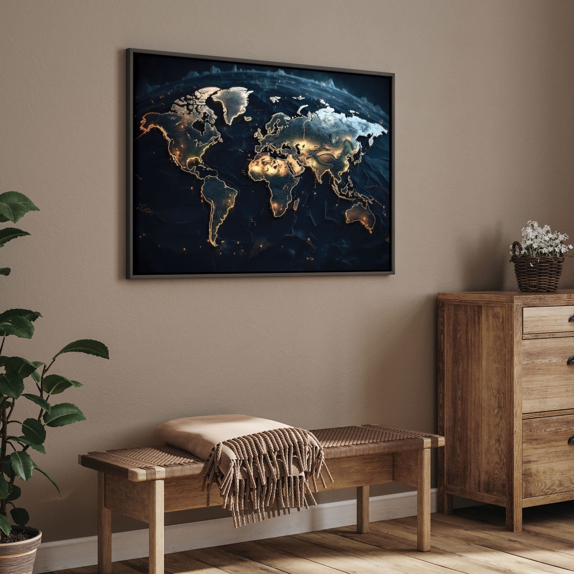 World map Canvas painting with frame Big Size Wall Art for living room,Bedroom,Drawing room,Hotels