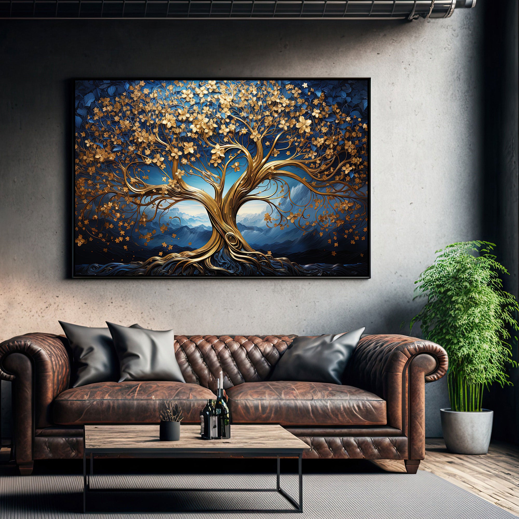 The Castle Decor golden tree canvas/Sparkle painting with frame Big Size Wall Art for living room,Bedroom,Drawing room,Hotels-Wooden Framed-Digital Painting