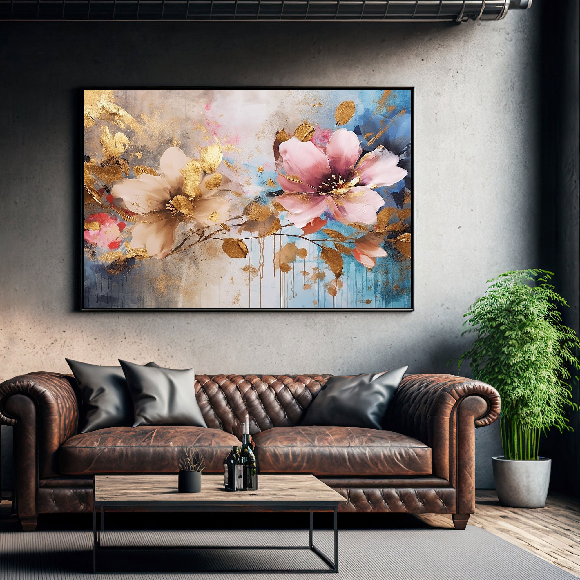 The Castle Decor multiple flower canvas/Sparkle painting with frame Big Size Wall Art for living room,Bedroom,Drawing room,Hotels-Wooden Framed-Digital Painting