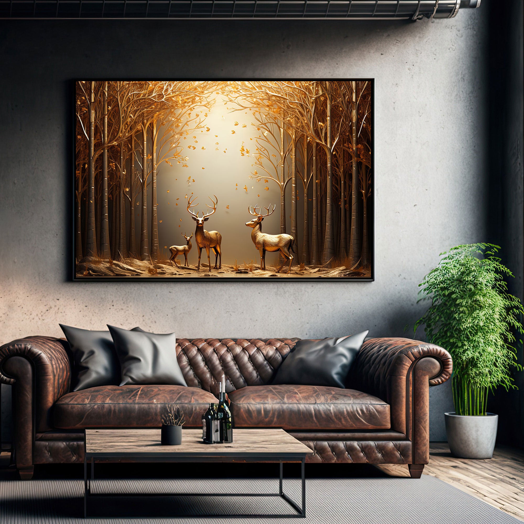 Golden deer Canvas painting with frame Big Size Wall Art for living room,Bedroom,Drawing room,Hotels