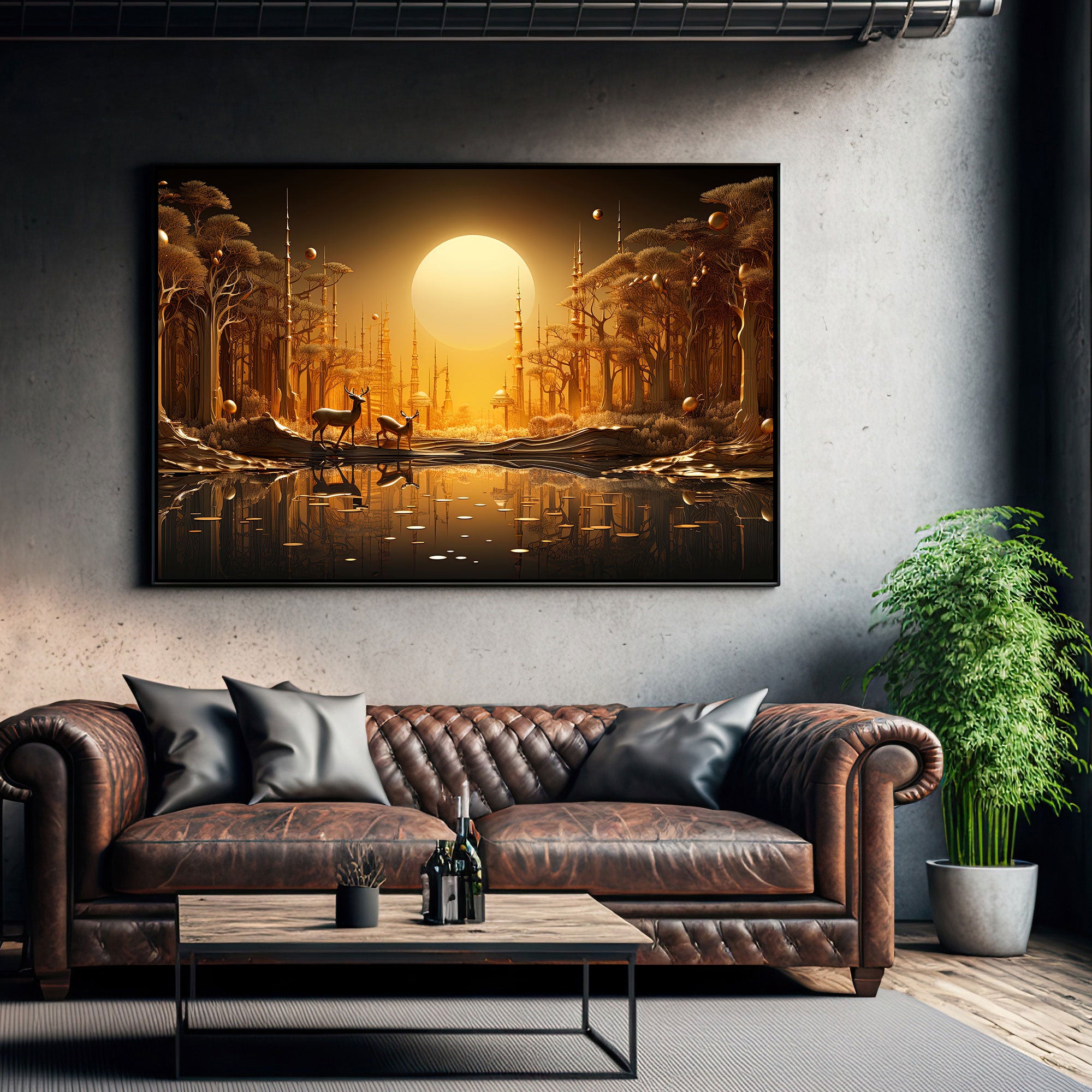 Golden deer Canvas painting with frame Big Size Wall Art for living room,Bedroom,Drawing room,Hotels