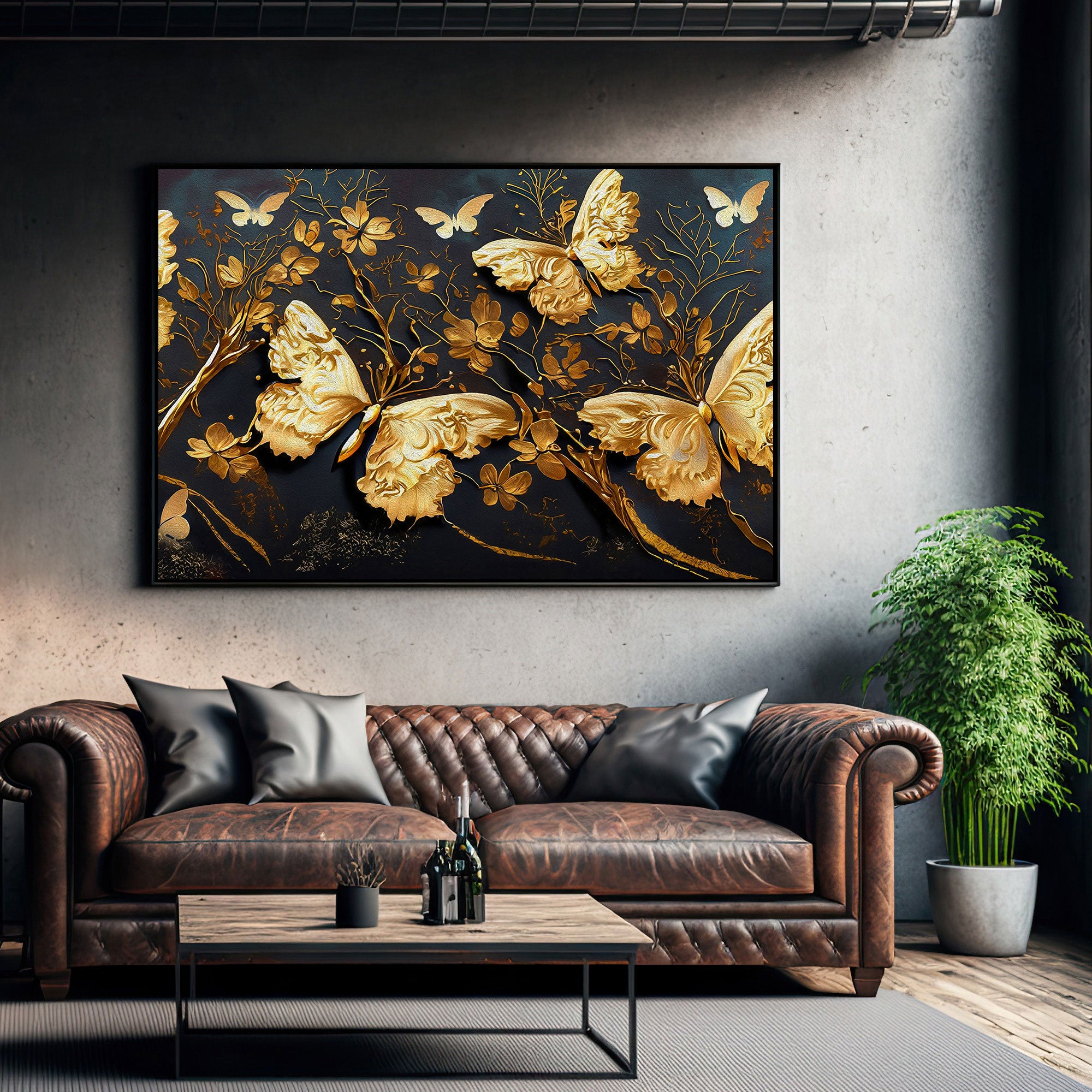 Golden butterflies Canvas painting with frame Big Size Wall Art for living room,Bedroom,Drawing room,Hotels