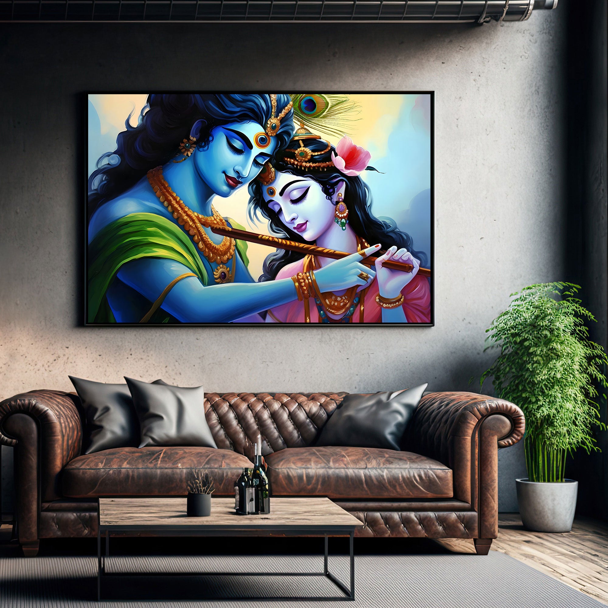 The Castle Decor radha krishna flute canvas/Sparkle painting with frame Big Size Wall Art for living room,Bedroom,Drawing room,Hotels-Wooden Framed-Digital Painting