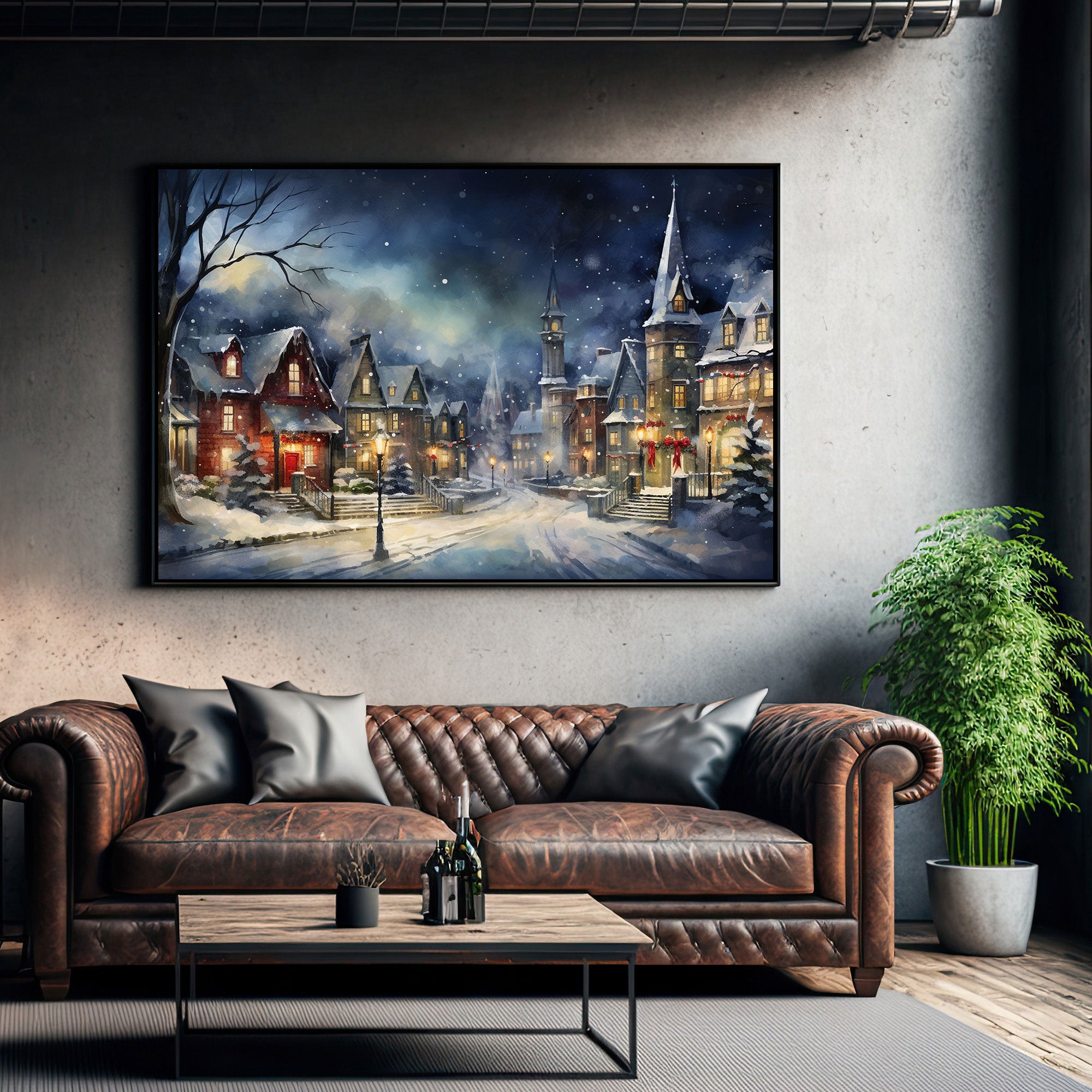 Vintage Christmas villlage Canvas painting with frame Big Size Wall Art for living room,Bedroom,Drawing room,Hotels