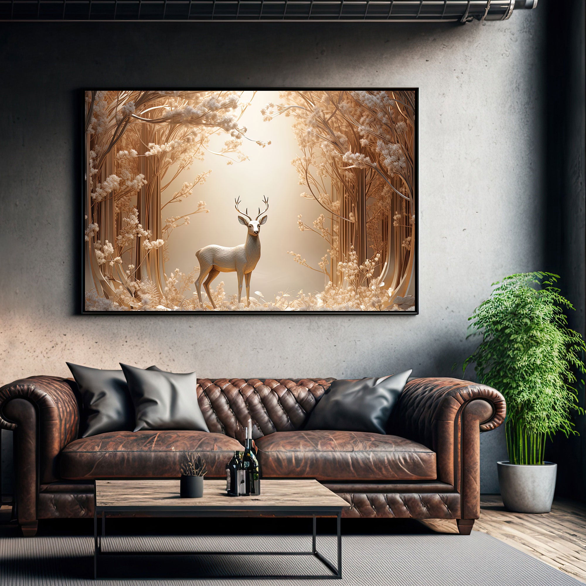White Golden deer Canvas painting with frame Big Size Wall Art for living room,Bedroom,Drawing room,Hotels