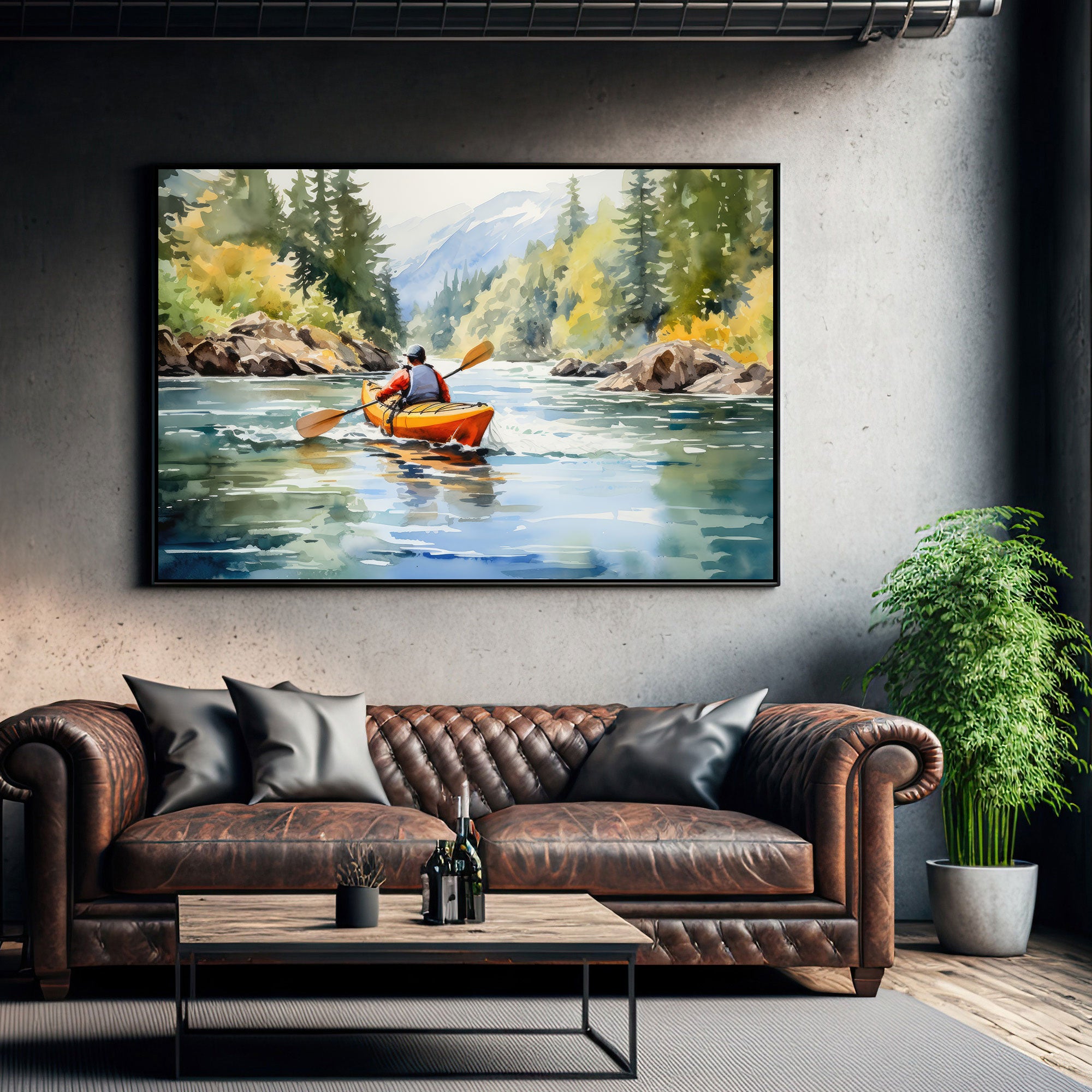 Man paddling in river Canvas painting with frame Big Size Wall Art for living room,Bedroom,Drawing room,Hotels