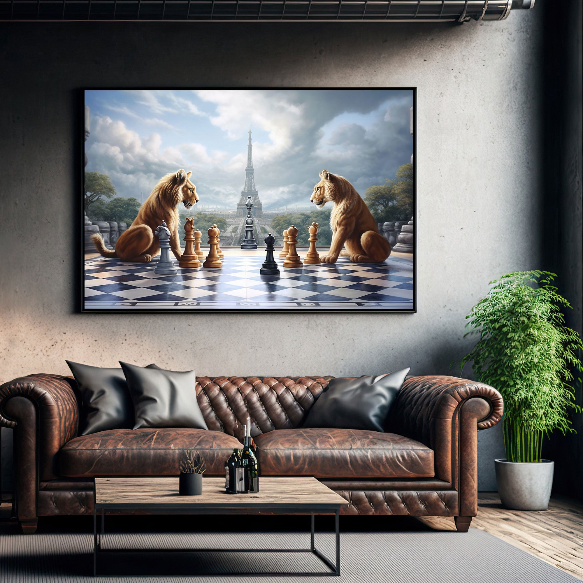 Lions play game chess Canvas painting with frame Big Size Wall Art for living room,Bedroom,Drawing room,Hotels