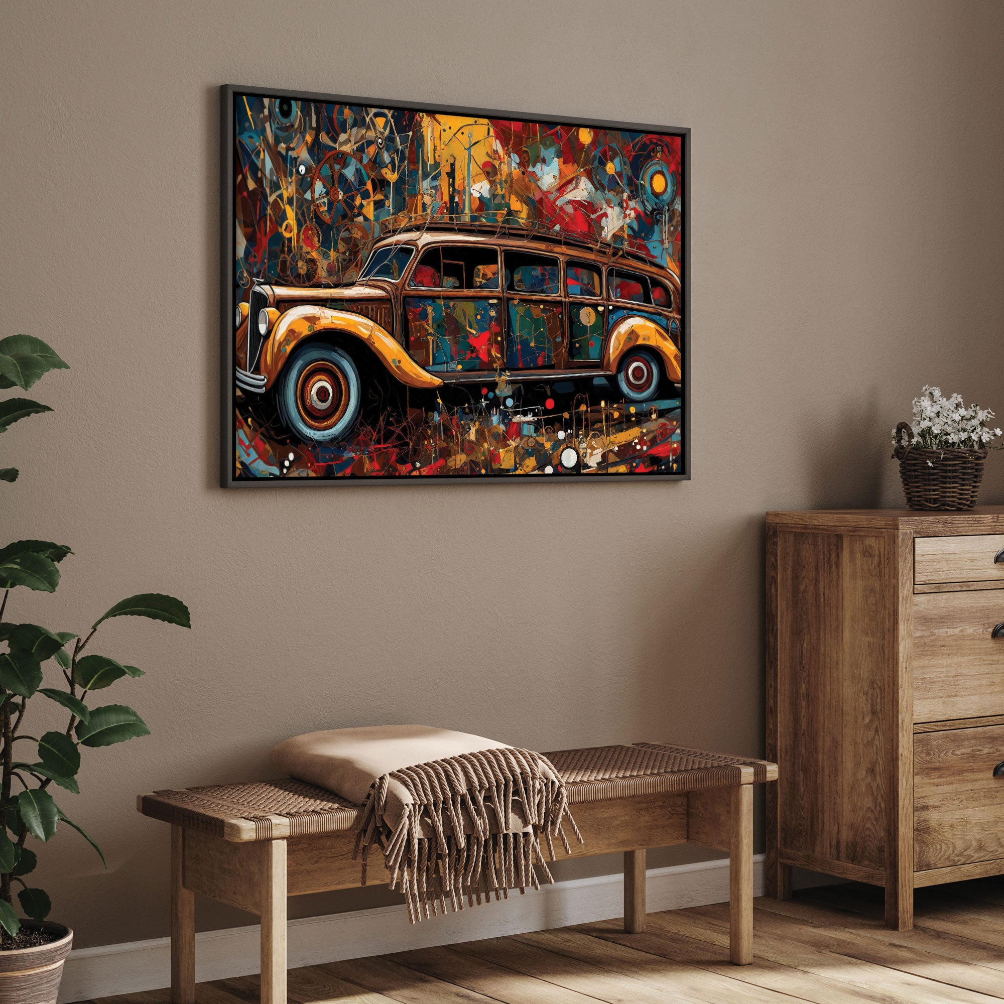 VintageAbstract car Canvas painting with frame Big Size Wall Art for living room,Bedroom,Drawing room,Hotels