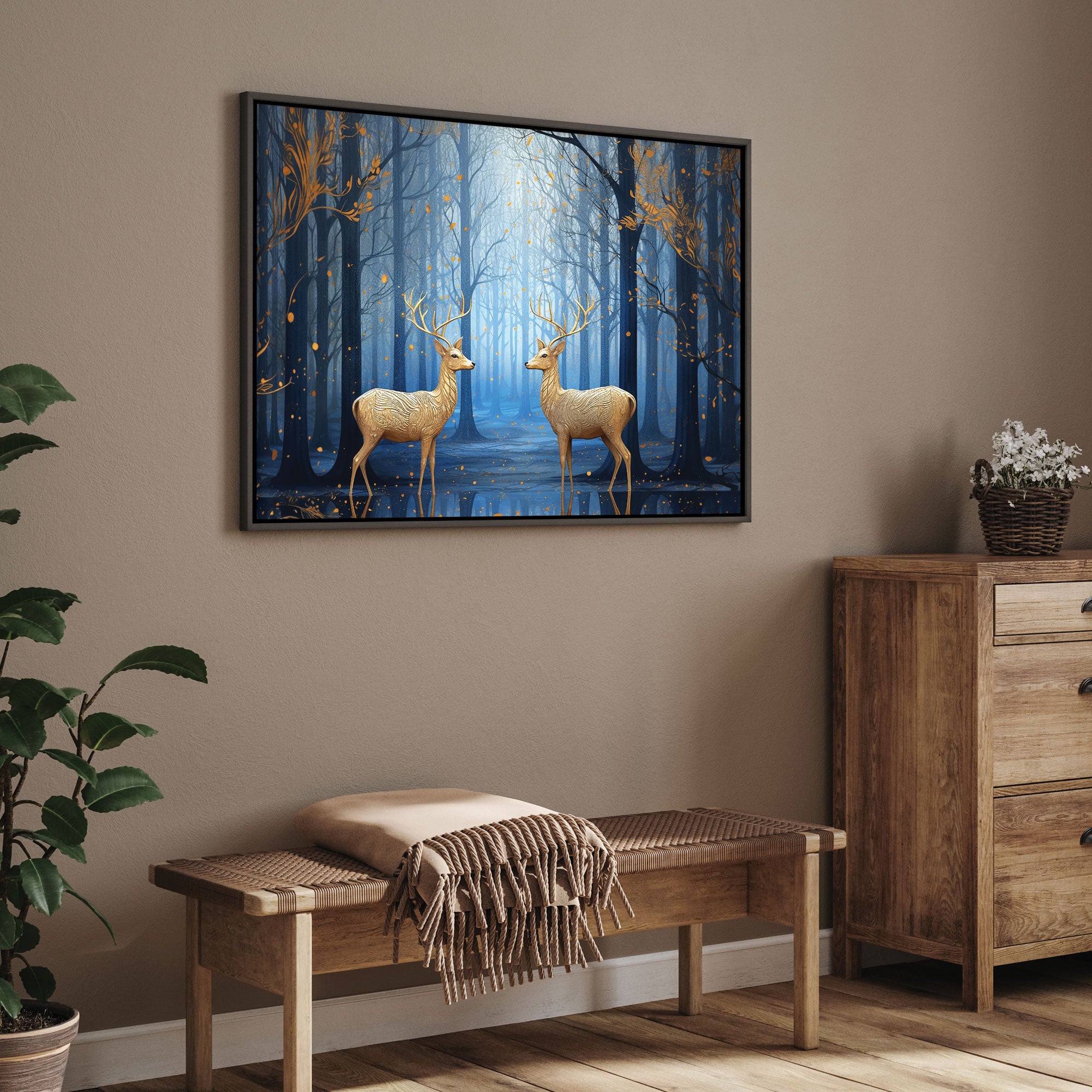 Golden deers Canvas painting with frame Big Size Wall Art for living room,Bedroom,Drawing room,Hotels