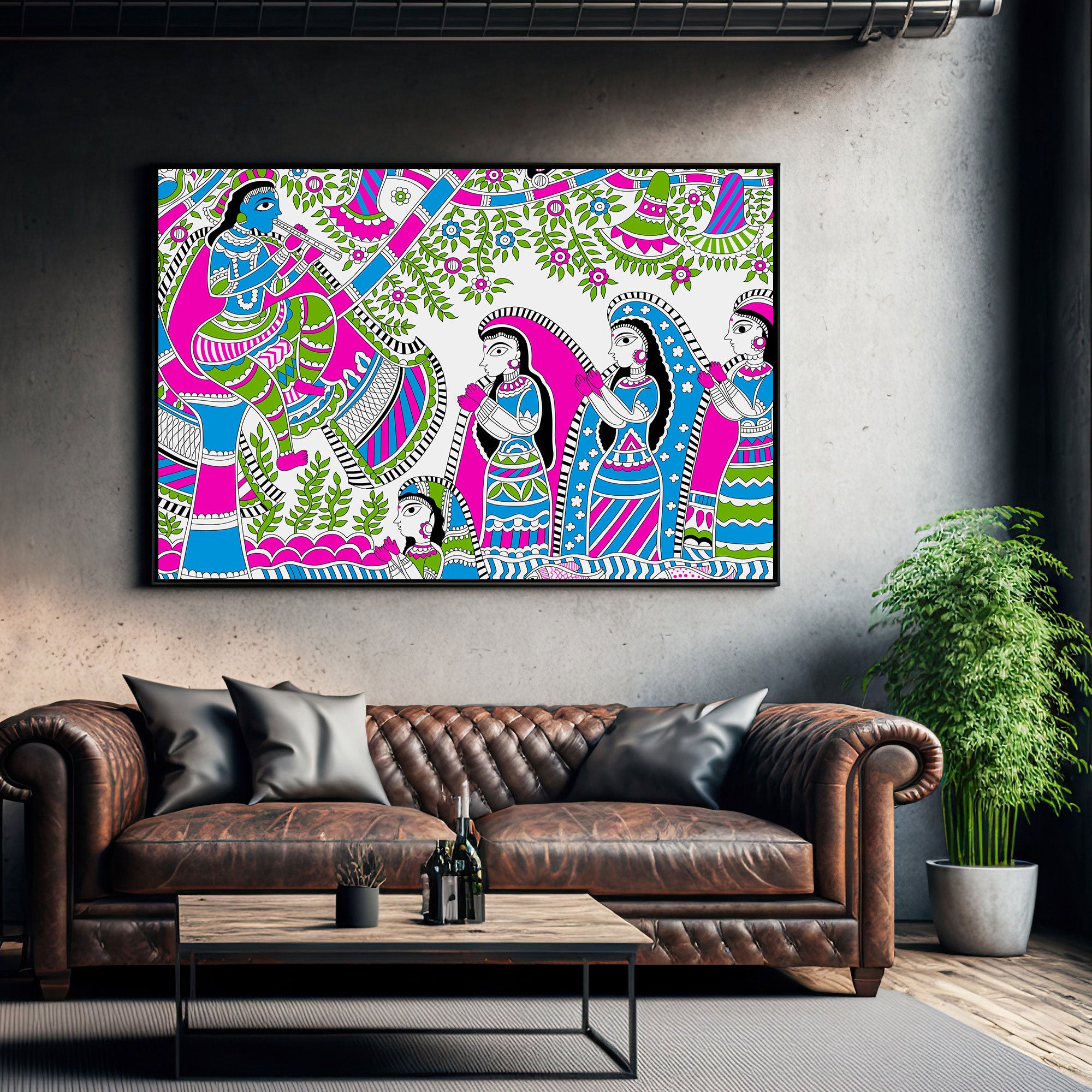 Vintage madhubani Canvas painting with frame Big Size Wall Art for living room,Bedroom,Drawing room,Hotels