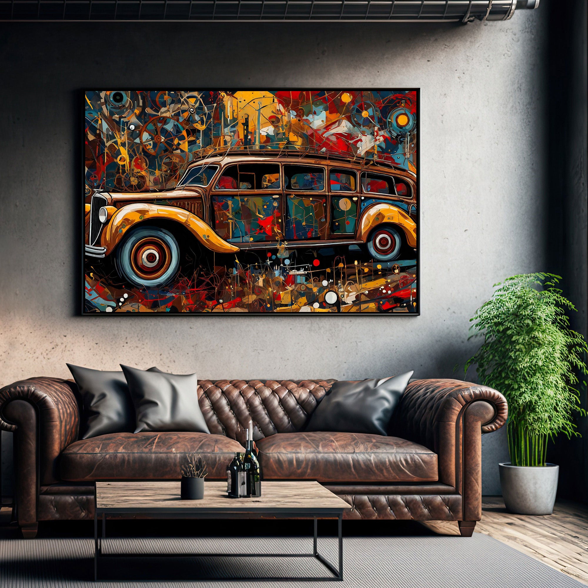 VintageAbstract car Canvas painting with frame Big Size Wall Art for living room,Bedroom,Drawing room,Hotels