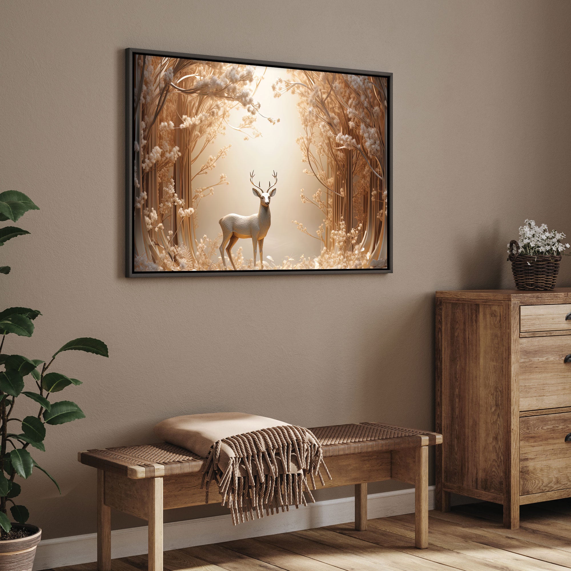 White Golden deer Canvas painting with frame Big Size Wall Art for living room,Bedroom,Drawing room,Hotels