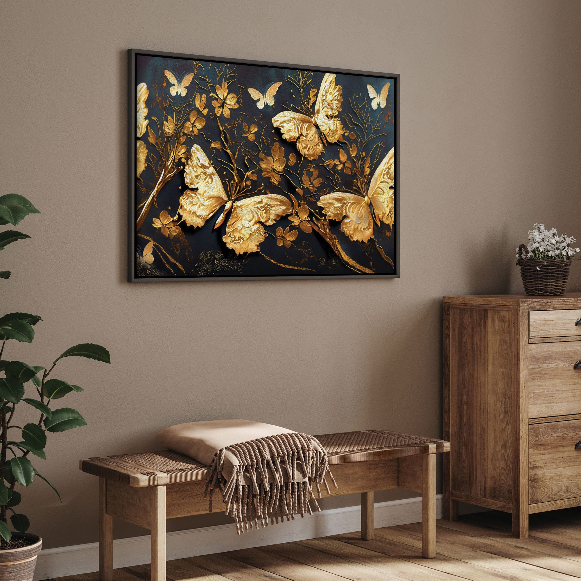 Golden butterflies Canvas painting with frame Big Size Wall Art for living room,Bedroom,Drawing room,Hotels