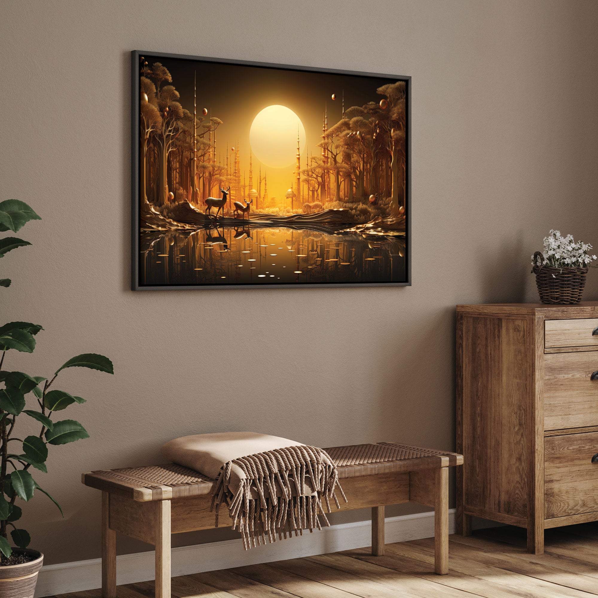 Golden deer Canvas painting with frame Big Size Wall Art for living room,Bedroom,Drawing room,Hotels