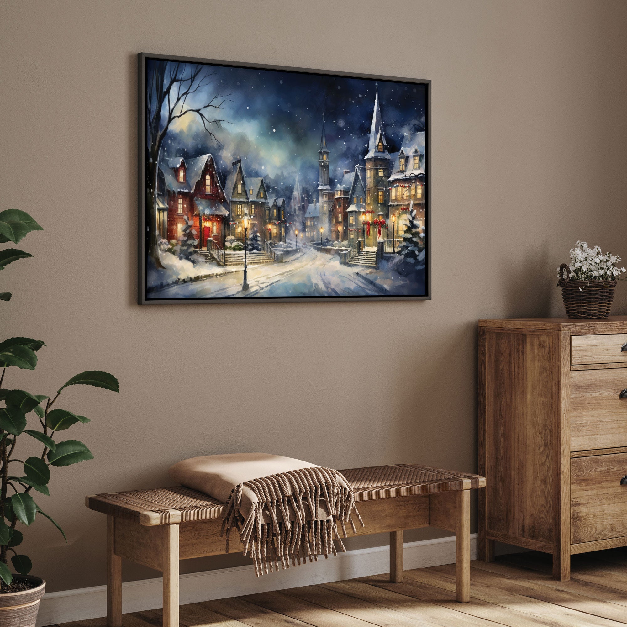 Vintage Christmas villlage Canvas painting with frame Big Size Wall Art for living room,Bedroom,Drawing room,Hotels