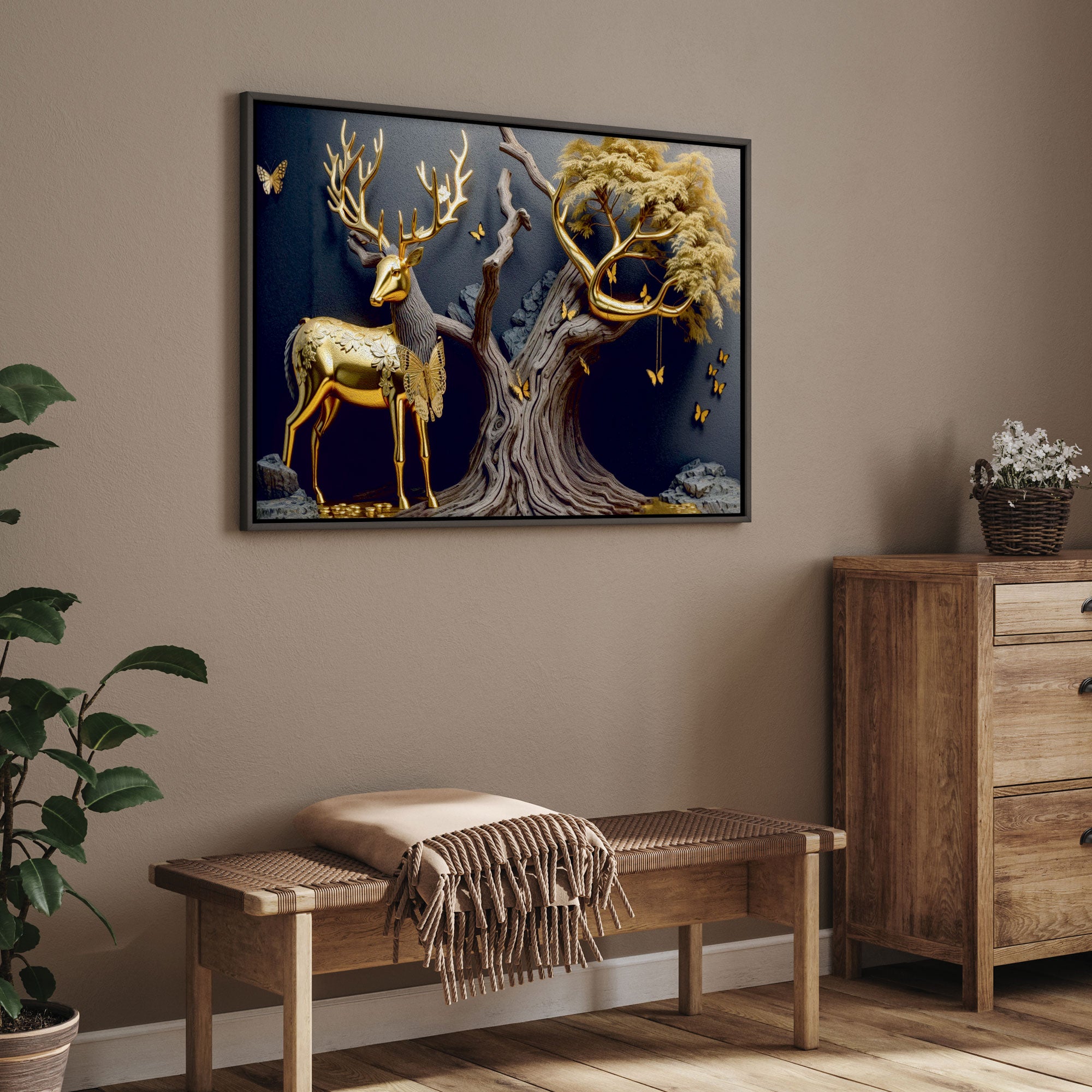 Golden deer vaastu Canvas painting with frame Big Size Wall Art for living room,Bedroom,Drawing room,Hotels