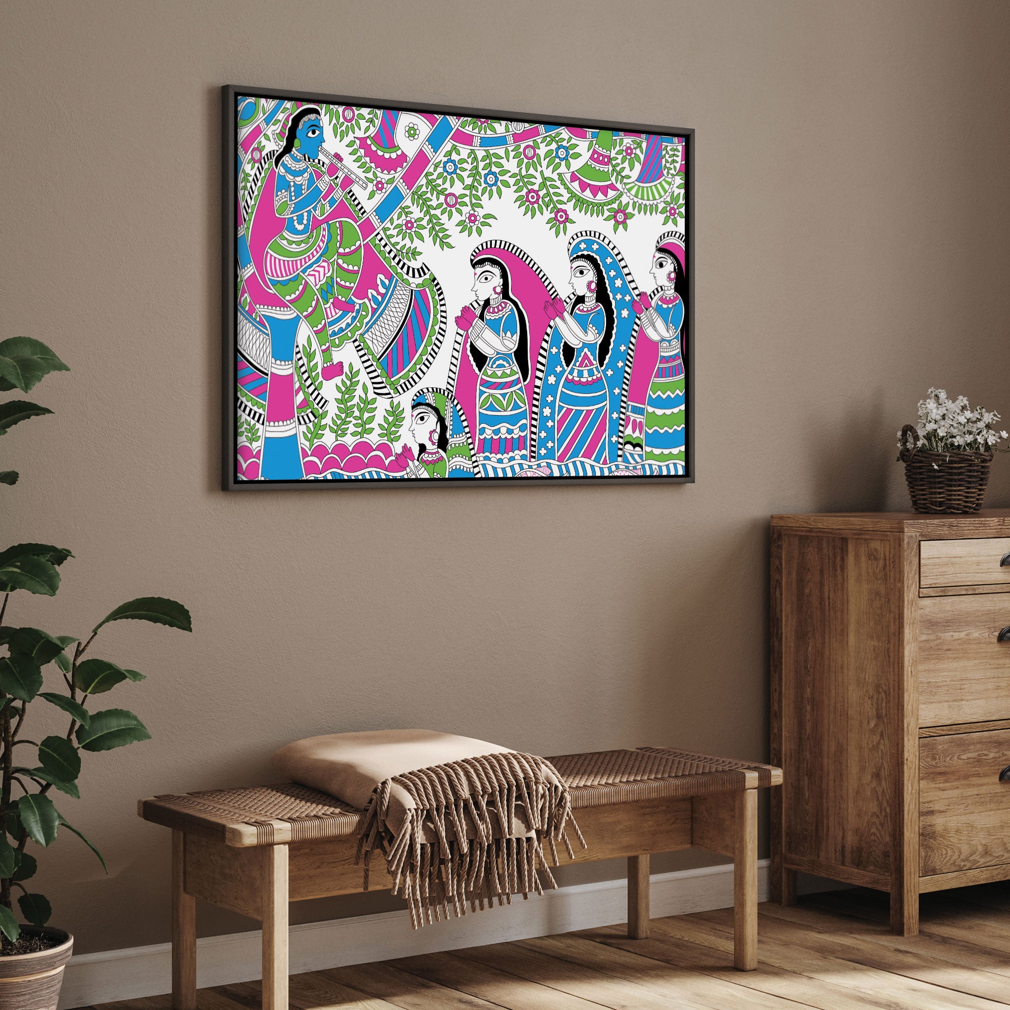 Vintage madhubani Canvas painting with frame Big Size Wall Art for living room,Bedroom,Drawing room,Hotels