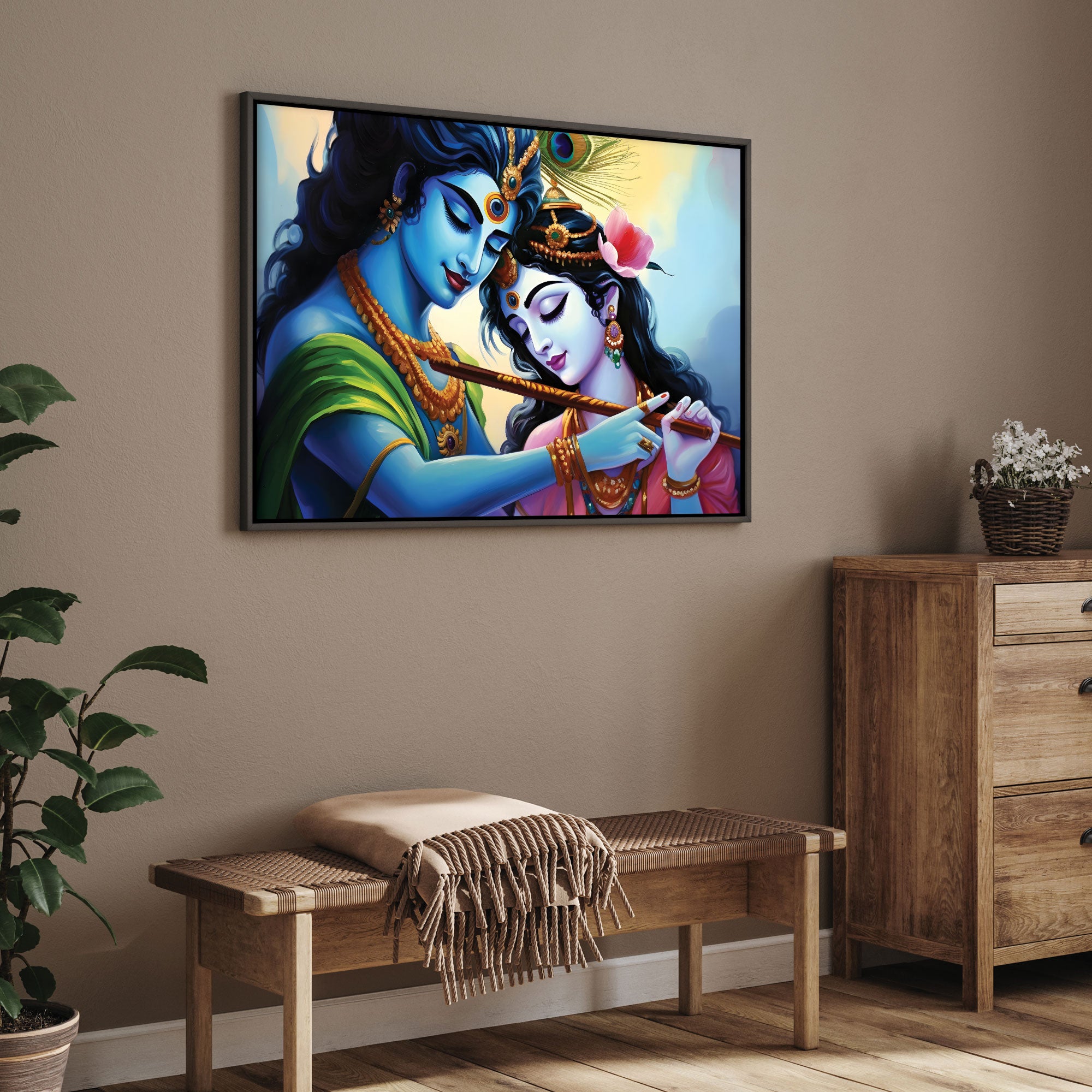 The Castle Decor radha krishna flute canvas/Sparkle painting with frame Big Size Wall Art for living room,Bedroom,Drawing room,Hotels-Wooden Framed-Digital Painting