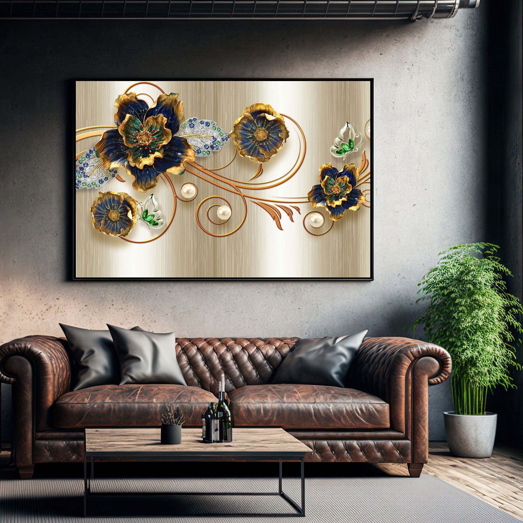 Flower metal look Canvas painting with frame Big Size Wall Art for living room,Bedroom,Drawing room,Hotels