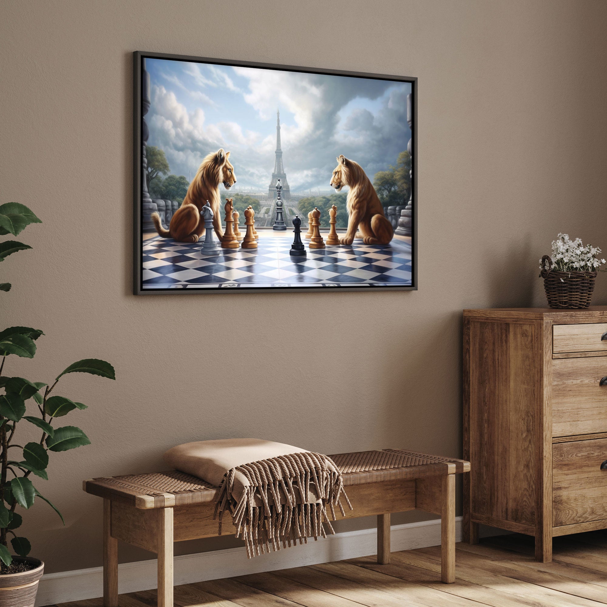 Lions play game chess Canvas painting with frame Big Size Wall Art for living room,Bedroom,Drawing room,Hotels