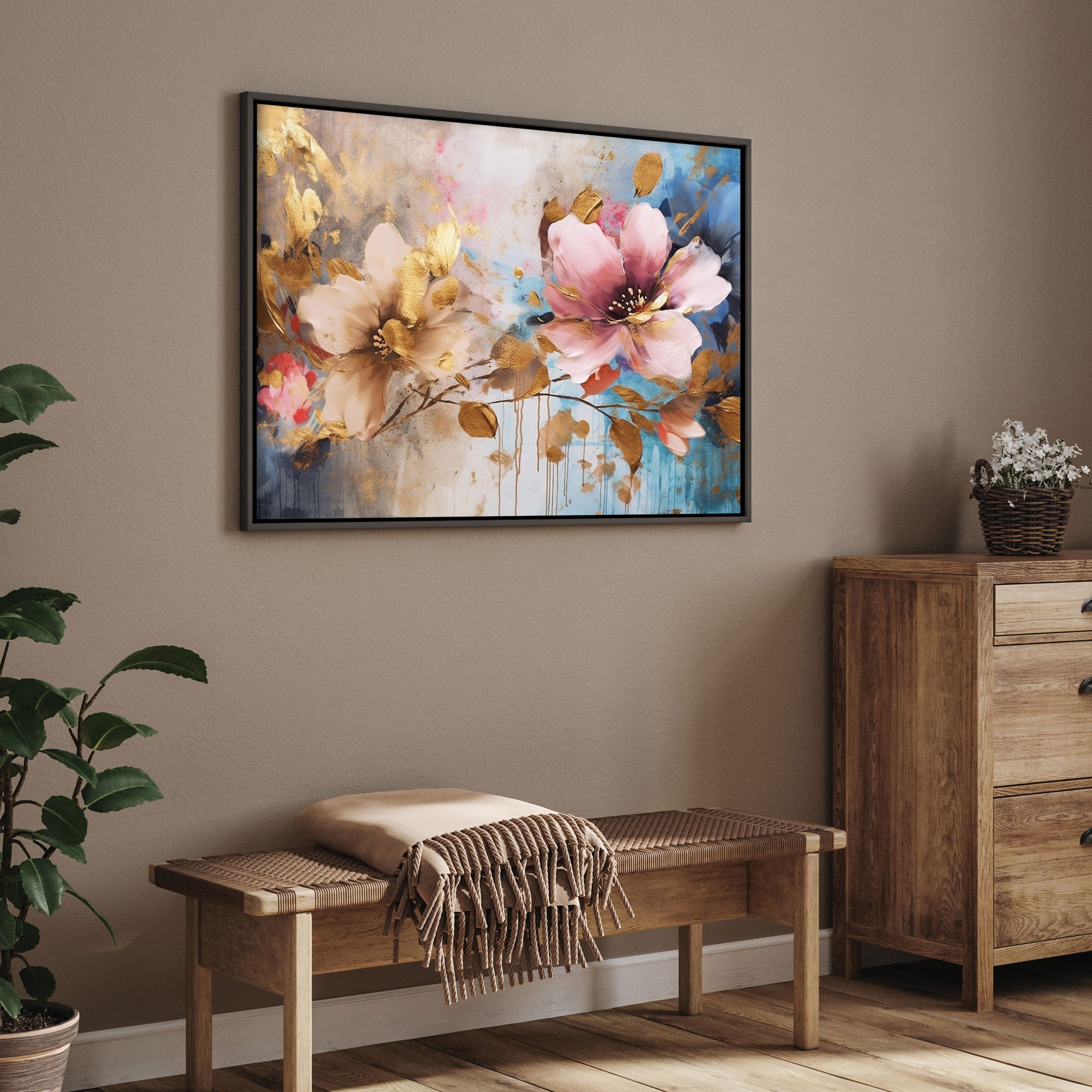 The Castle Decor multiple flower canvas/Sparkle painting with frame Big Size Wall Art for living room,Bedroom,Drawing room,Hotels-Wooden Framed-Digital Painting