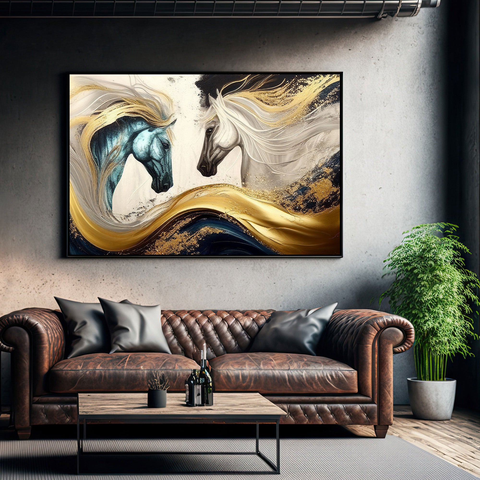 Modern horses Canvas painting with frame Big Size Wall Art for living room,Bedroom,Drawing room,Hotels-Wooden FramedDigital Painting