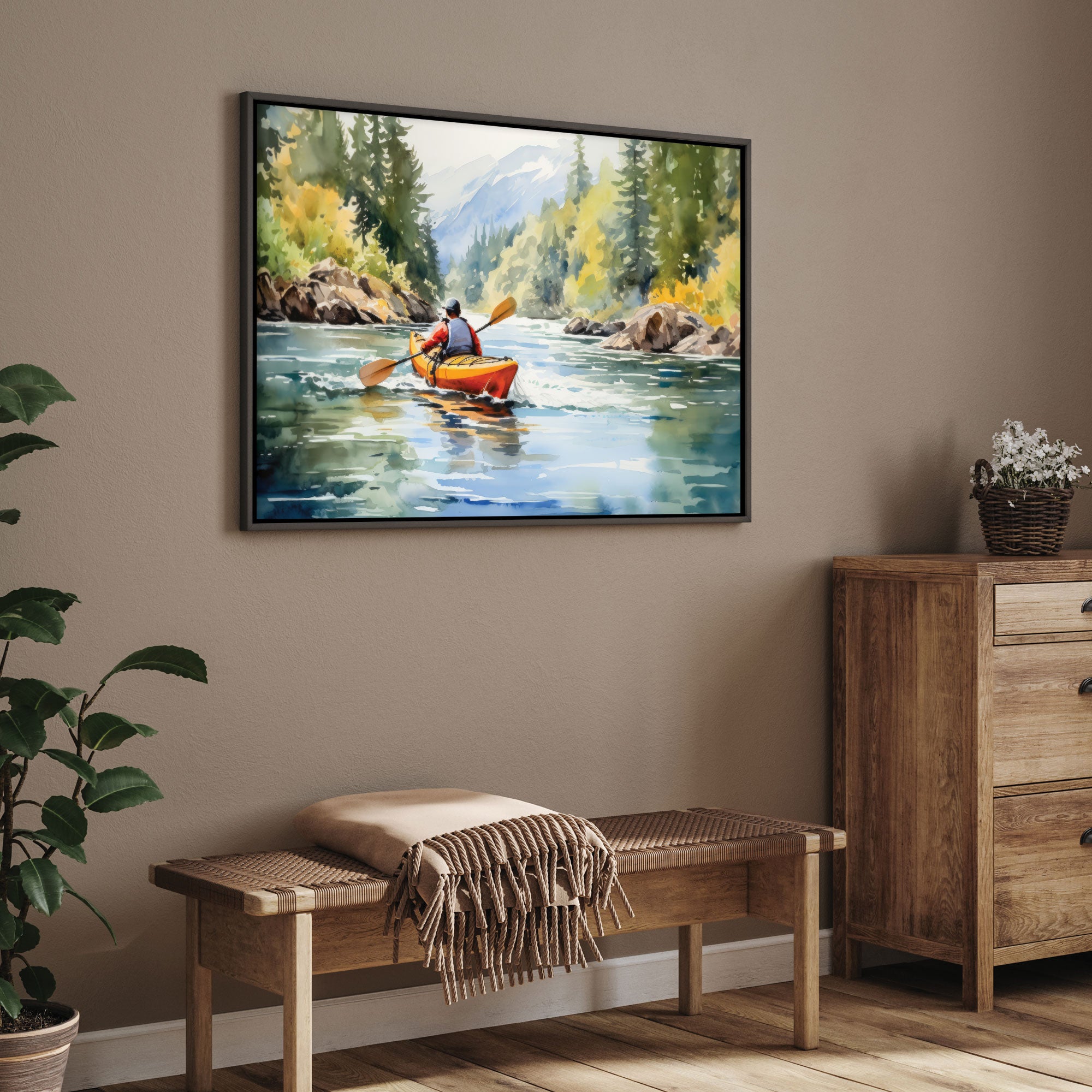 Man paddling in river Canvas painting with frame Big Size Wall Art for living room,Bedroom,Drawing room,Hotels