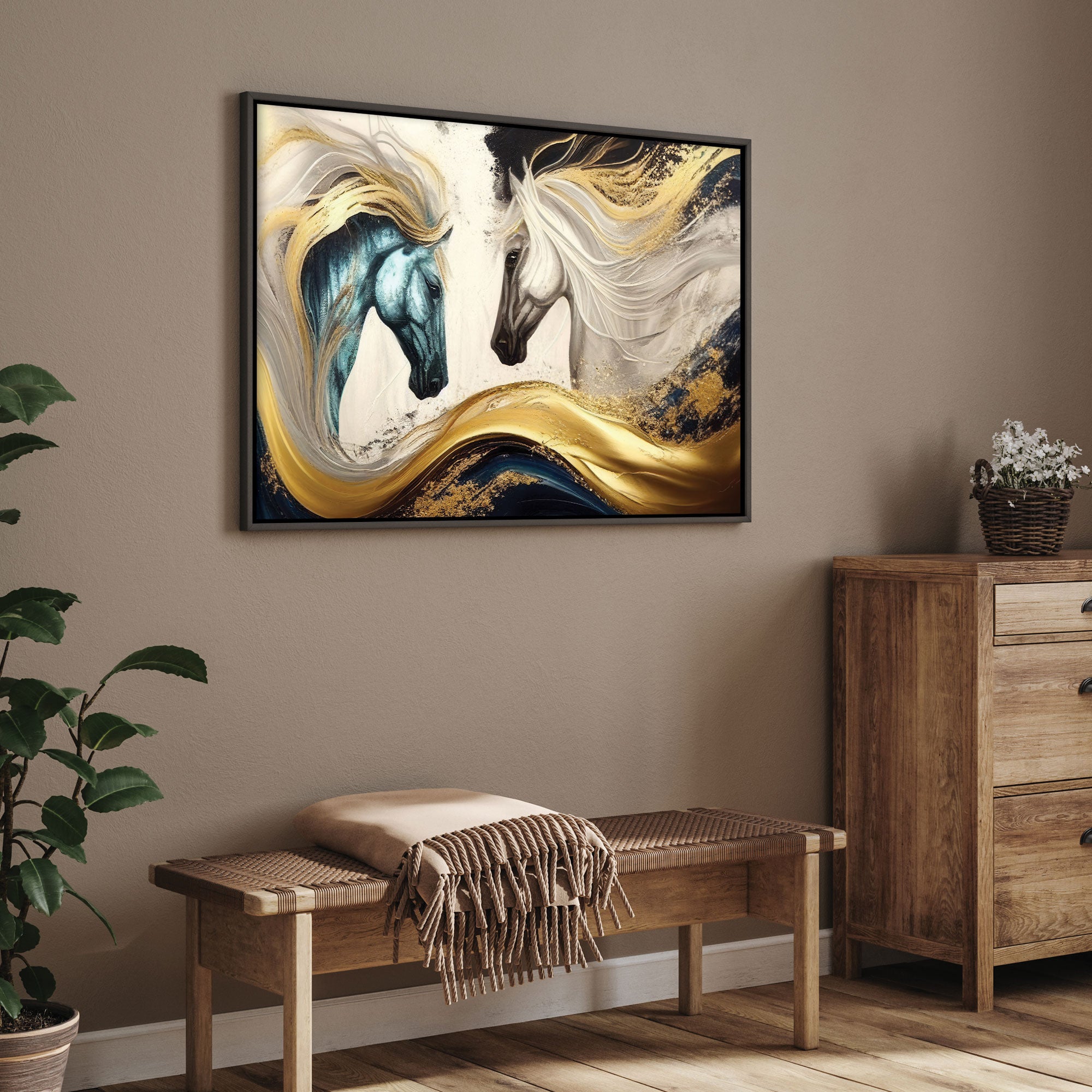 Modern horses Canvas painting with frame Big Size Wall Art for living room,Bedroom,Drawing room,Hotels-Wooden FramedDigital Painting