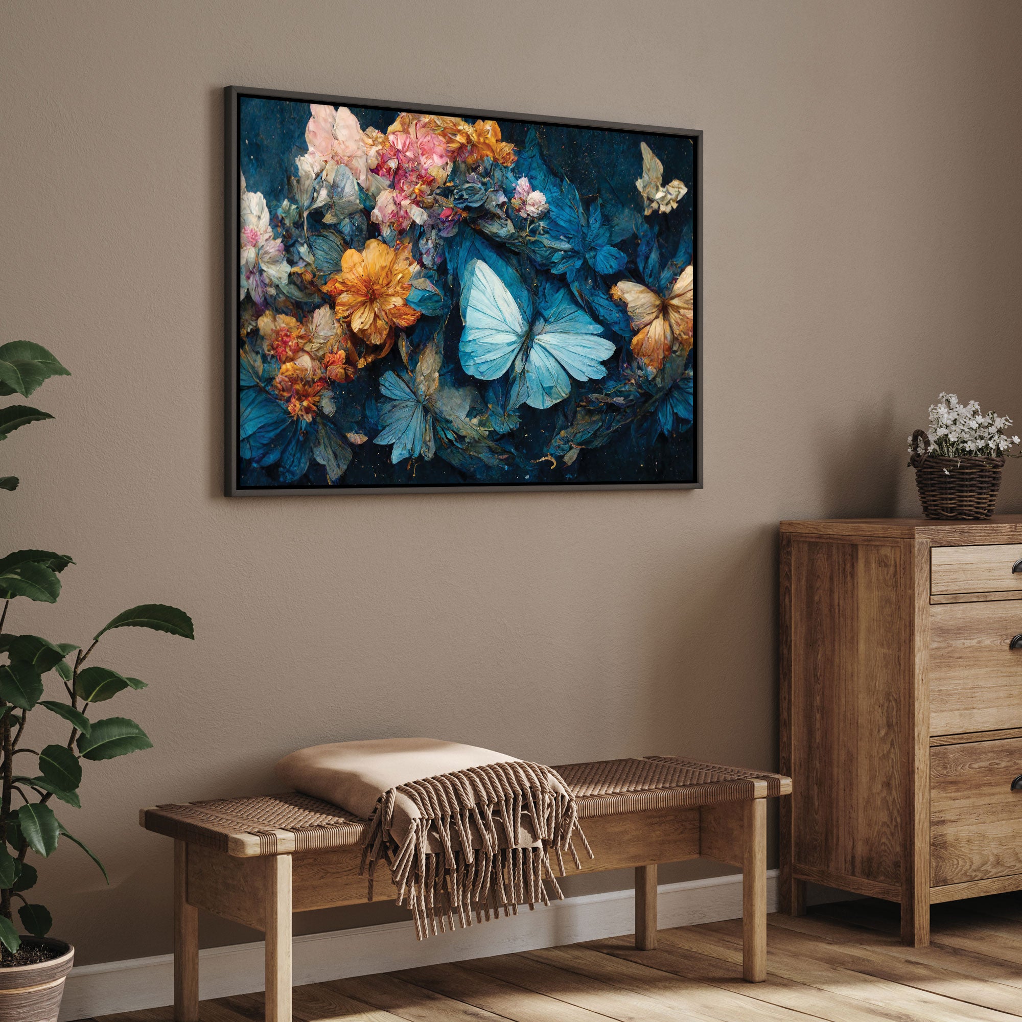 Butterfly flowers Canvas painting with frame Big Size Wall Art for living room,Bedroom,Drawing room,Hotels