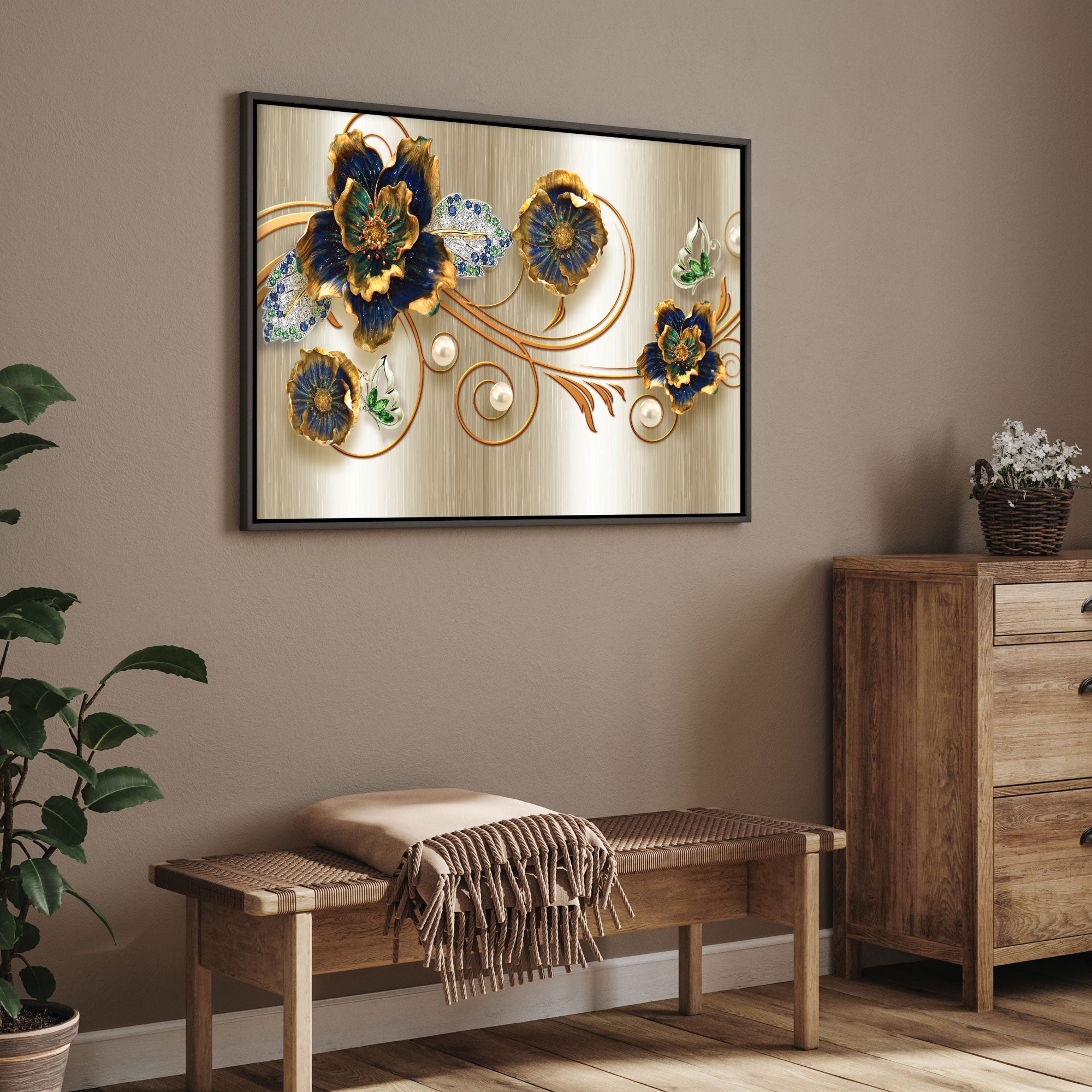Flower metal look Canvas painting with frame Big Size Wall Art for living room,Bedroom,Drawing room,Hotels