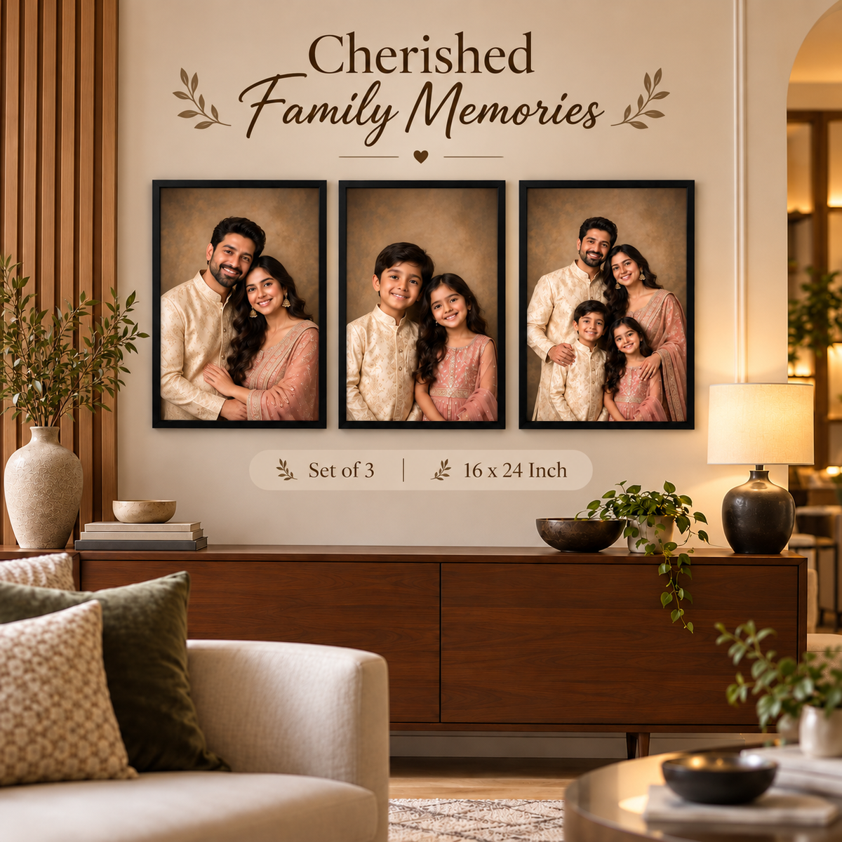 Custom Photo Frame for Wall – Personalized Family Portrait Set of 3 | Black Frame | The Castle Decor | 16x24