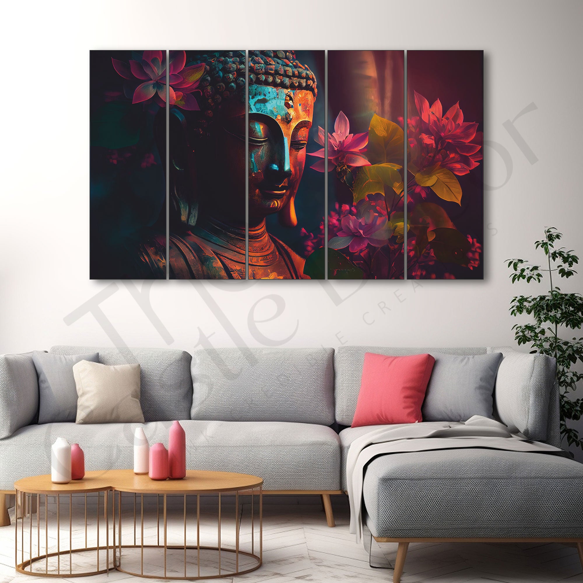 lord Budha Beautiful flowers Set of 5 Big Size Multiple Frames Wall Art Painting for living room,Bedroom,Drawing room,Hotels-Wooden Framed-Digital Painting