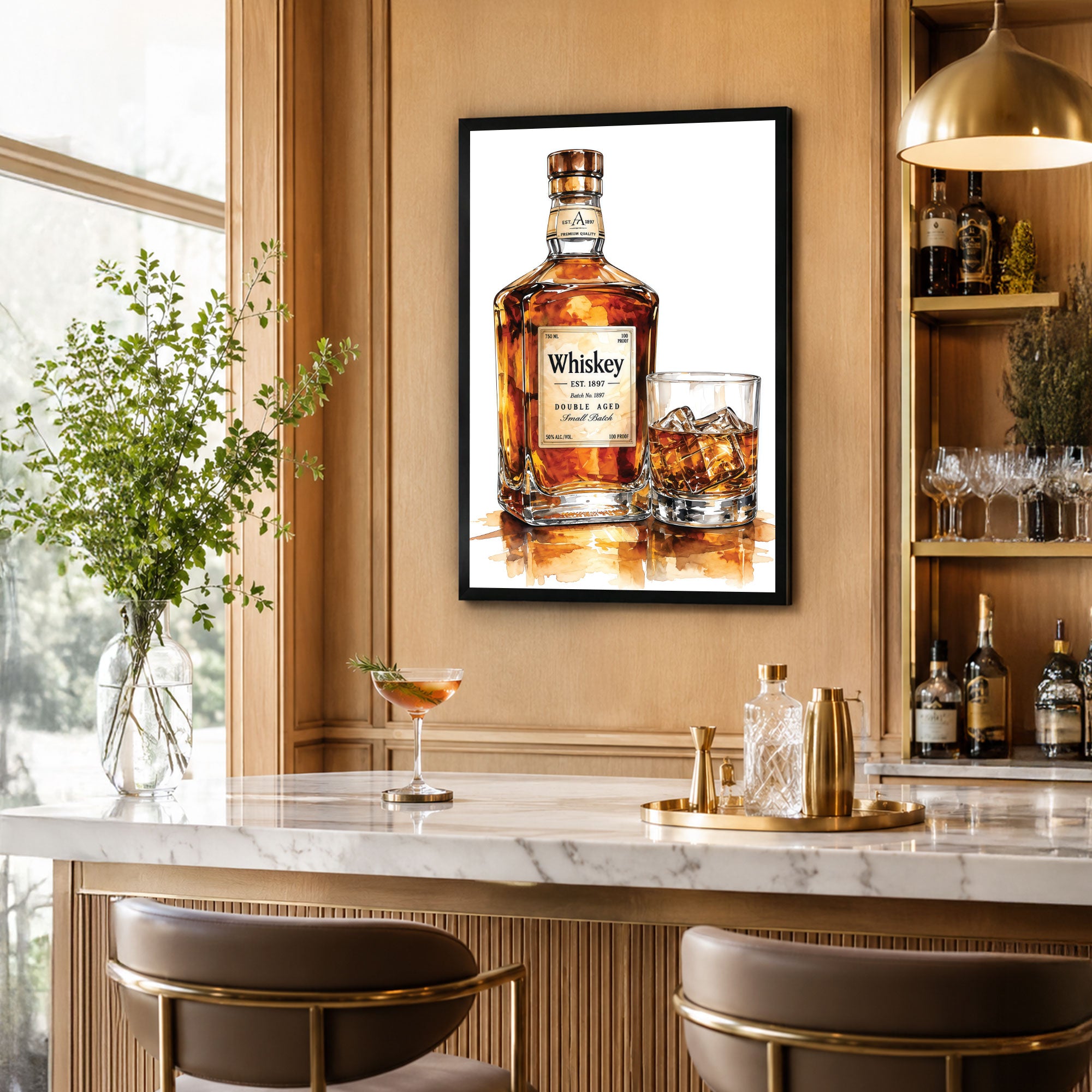 The Castle Decor Whiskey Bottle & Glass Wall Painting | Premium Bar Decor Art Print for Lounge, Pub, Man Cave & Home Bar