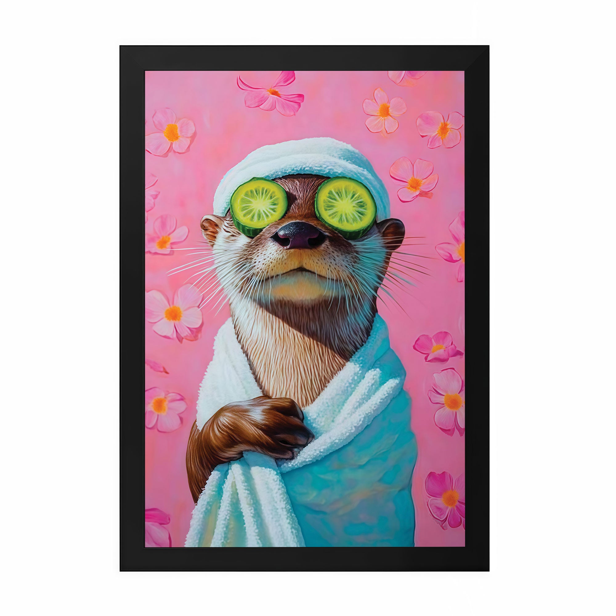 The Castle Decor Cute Spa Otter Wellness Bathroom Framed Wall Art – Funny Animal wrapped in Towel with Cucumbers Framed Poster, Quirky Pink Restroom Decor, Relatable Self Care Art