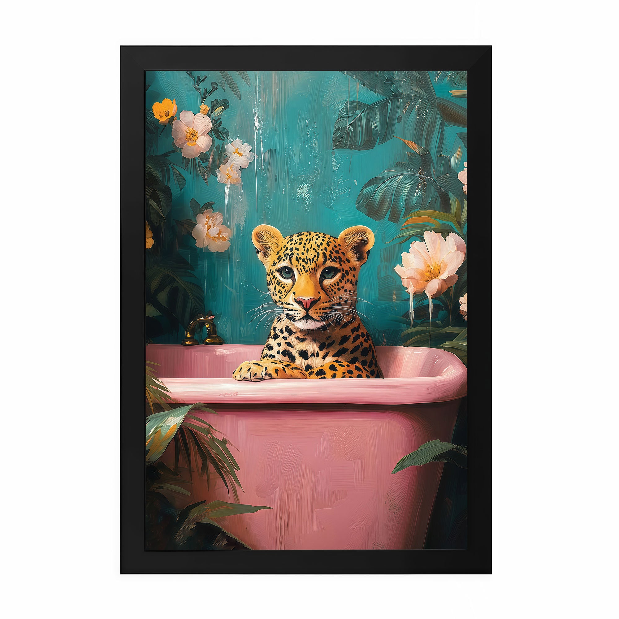 The Castle Decor Cute Leopard in Pink Bathtub Framed Wall Art – Funny Animal Bathroom Decor, Quirky Jungle Wild Cat Framed Poster for Restroom & Powder Room, Humorous Home Decor